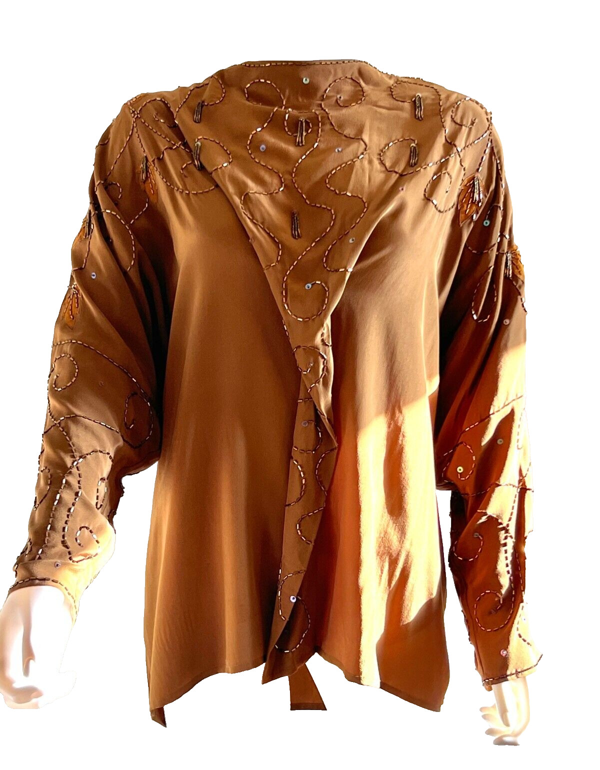 Vtg 1980s Mercedes & Adrienne Co. Bronze Brown Silk Beaded Sequins Blouse Top, 8