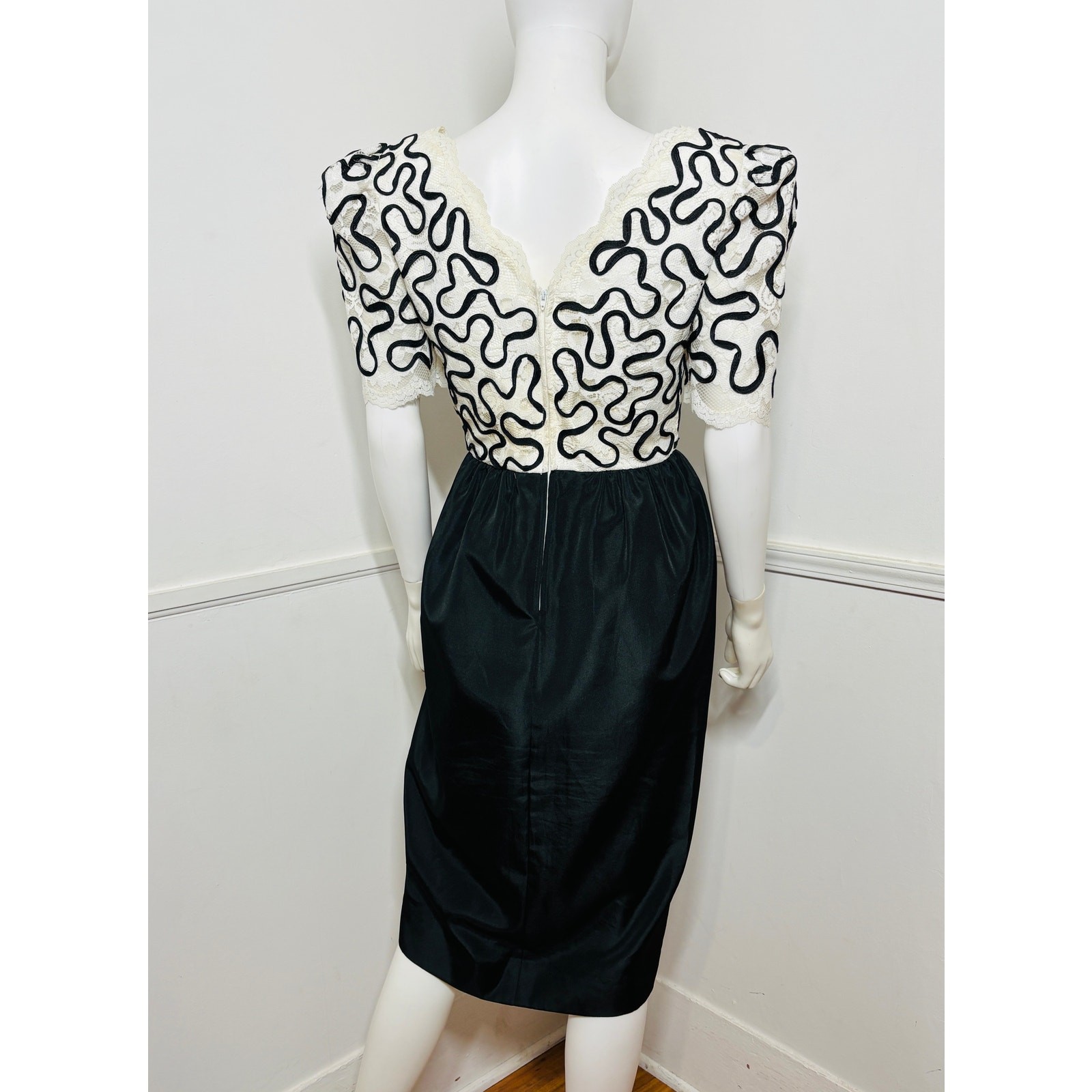 Small 1980s Vintage Black and White Lace Dress by Huey Waltzer for Darcy