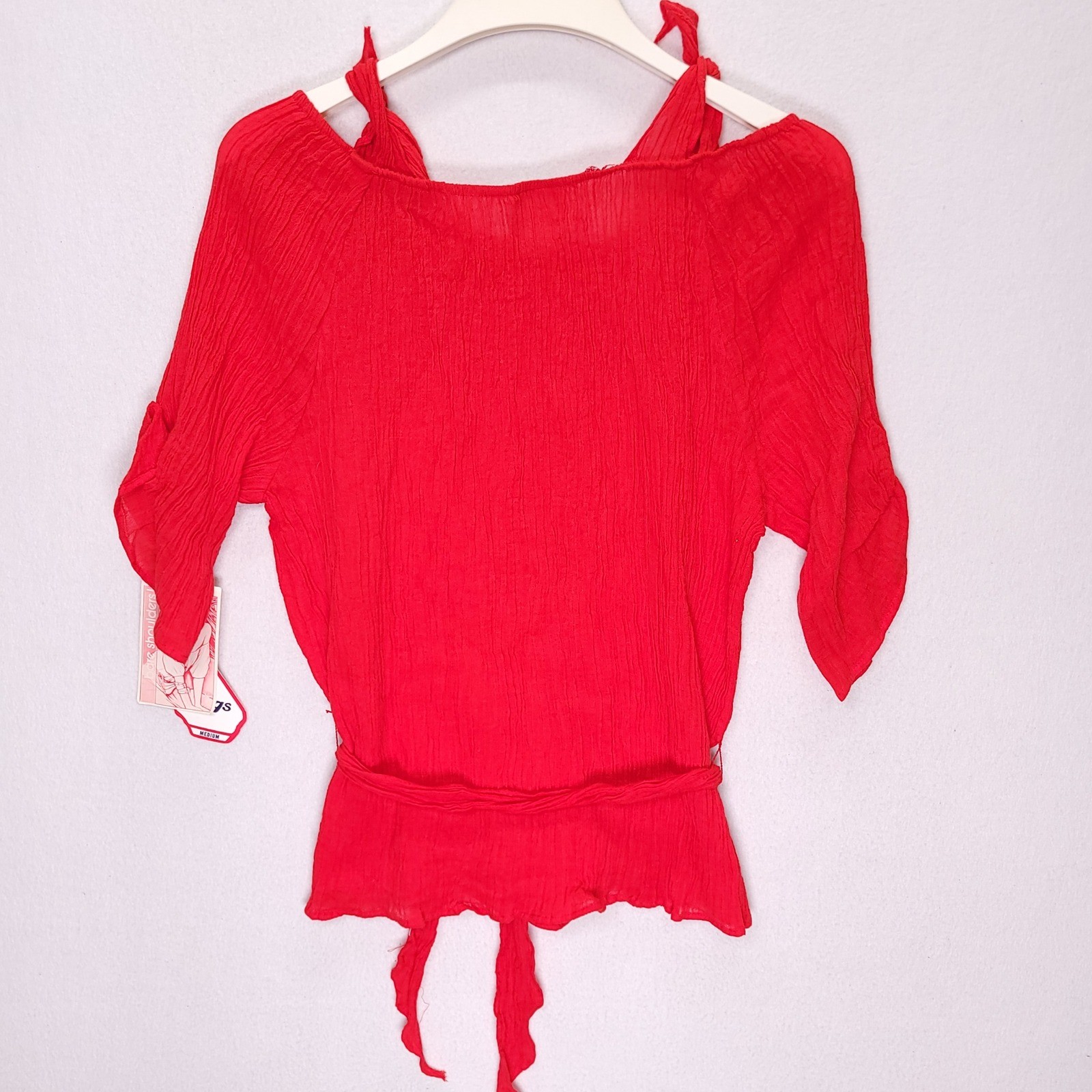 Vintage Cal Jogs Red Cold Shoulder Gauze Peplum Top Tie Waist Medium