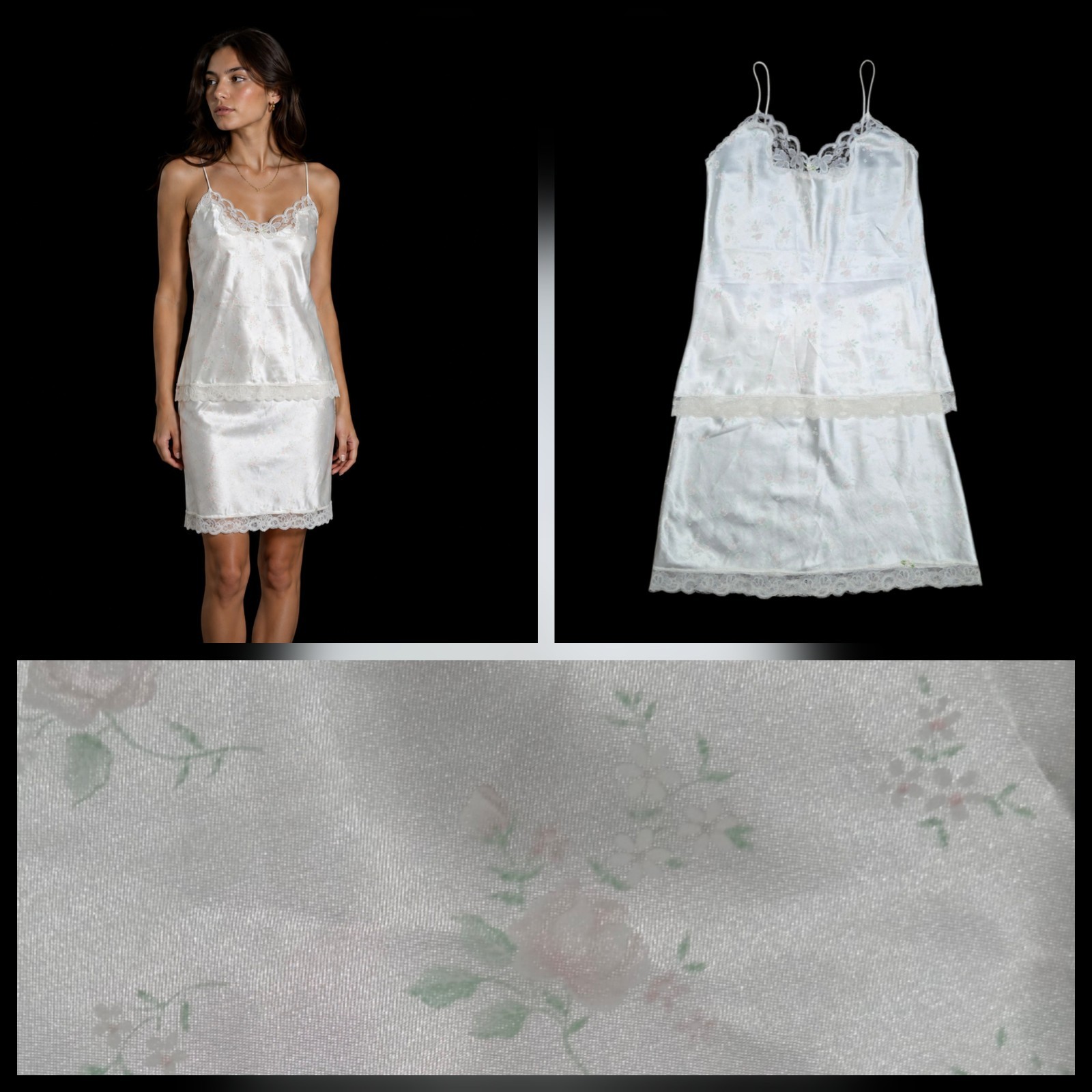 VTG Coquette Dawn to Dusk 70s Slip Camisole Skirt Set M Cream Floral Lace Trim