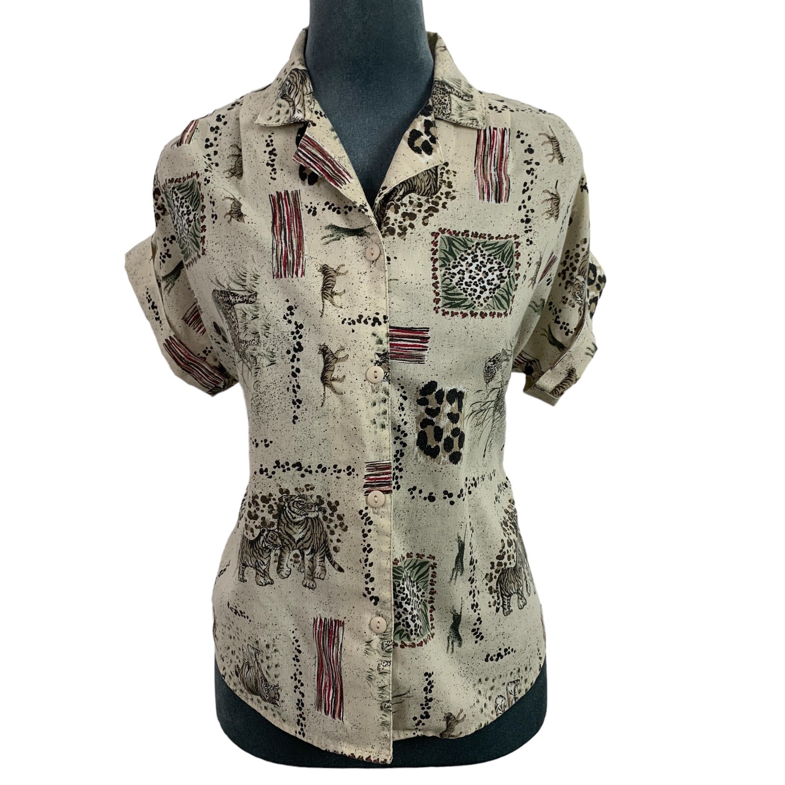 Vintage 90s Cabin Creek Petite Womens Small Tiger Ivory Button Front Shirt USA