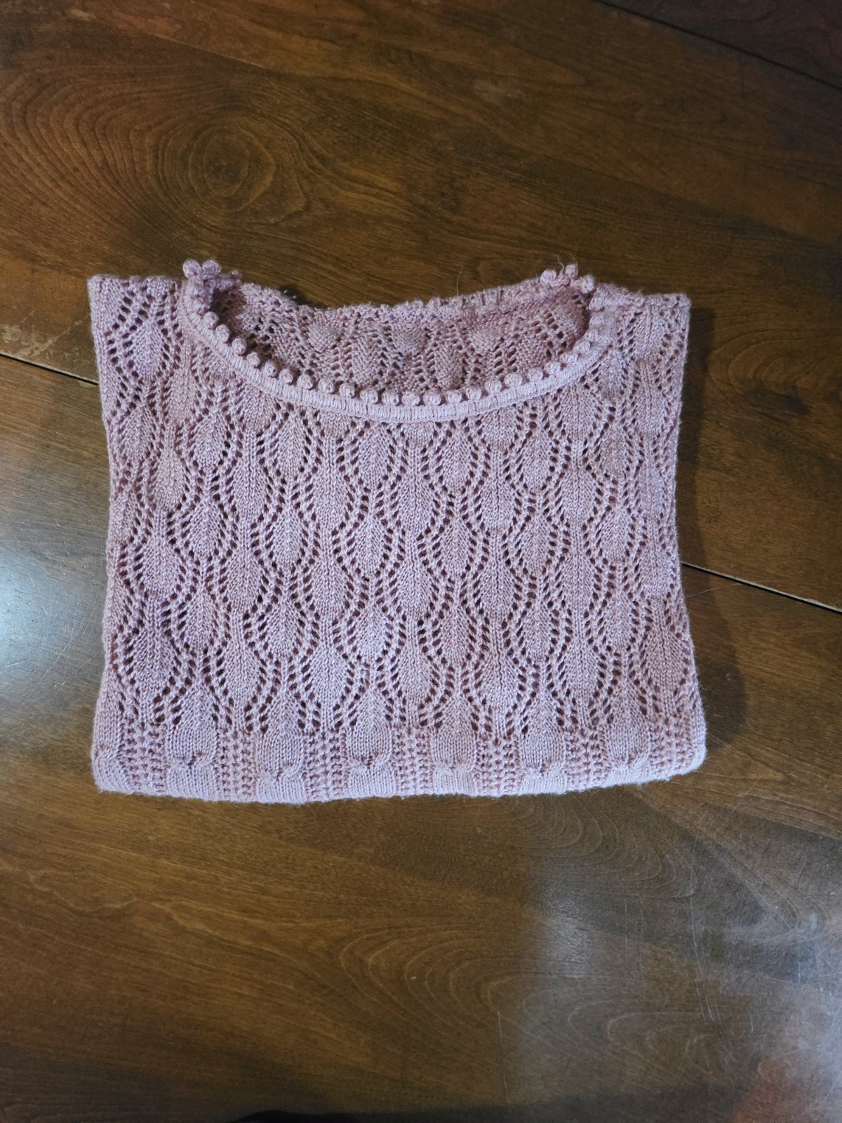 VTG 70s Pink Pointelle Cable Knit Short Sleeve Sweater Crop Ribbed Unbranded M