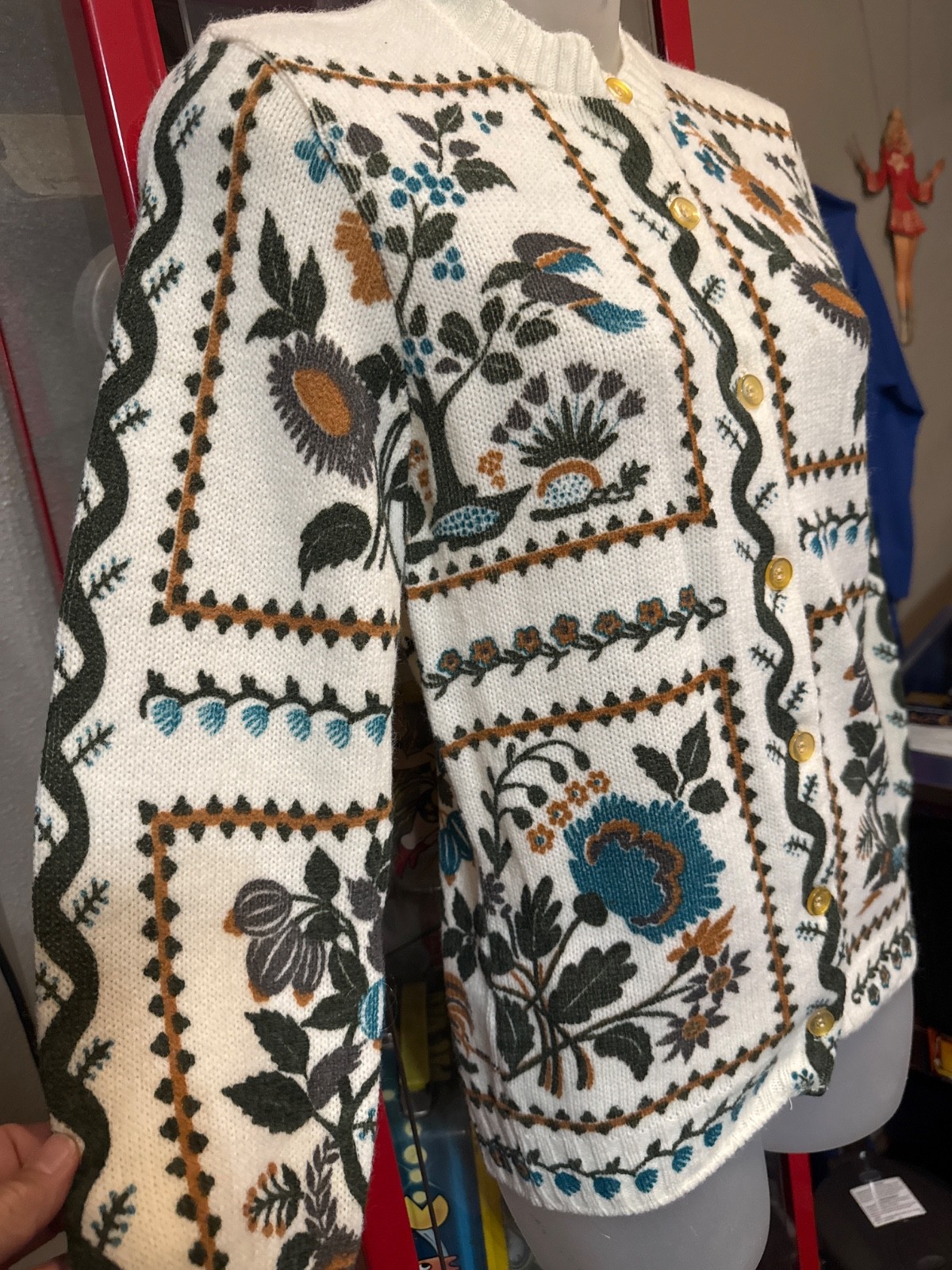 VTG Donnkenny Sweater Folk / Tapestry Cardigan Floral & Bird Motifs S/M