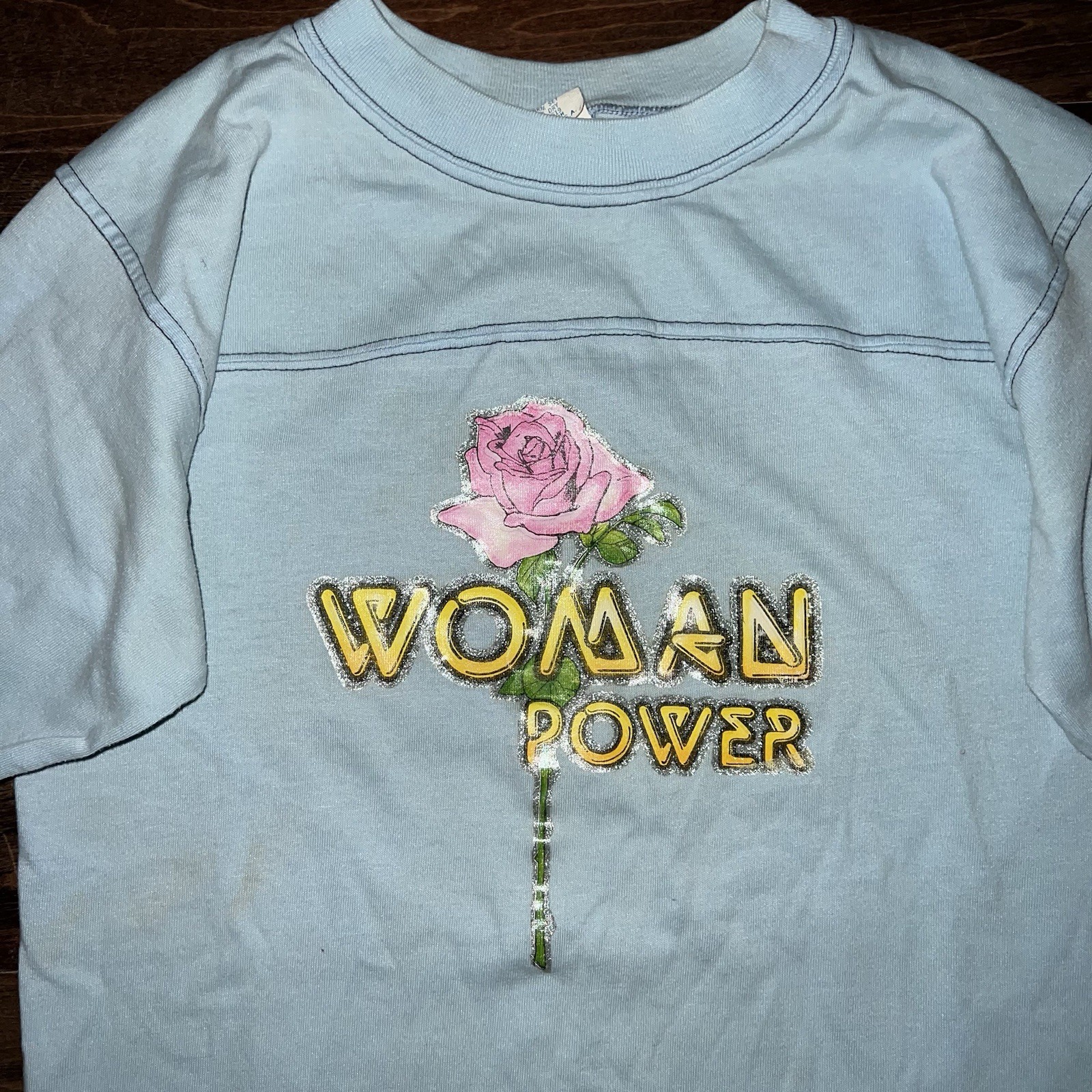 Vtg 70s Unbranded Woman Power Roses Glitter Iron On Print Jersey T Shirt Small