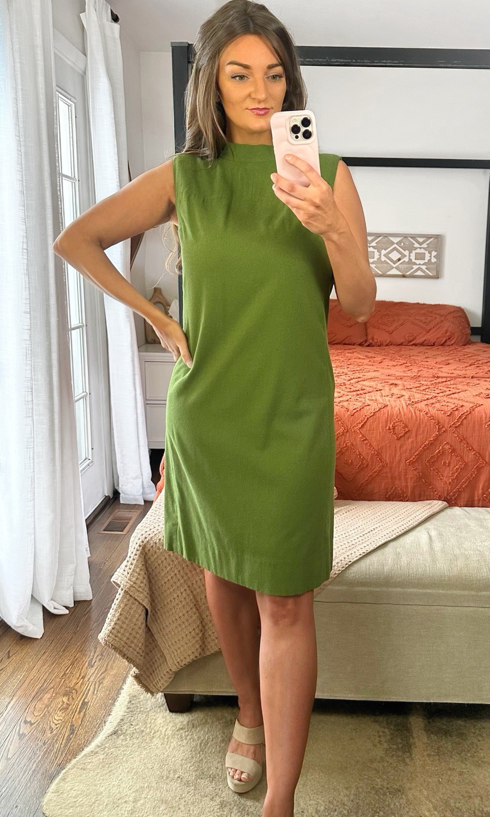 Vintage Handmade Olive Green Lined Round Neck Midi Dress