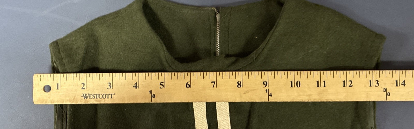 Vintage 1970s Olive Green Women’s Sleeveless Mini Dress with Cream Trim NO SIZE