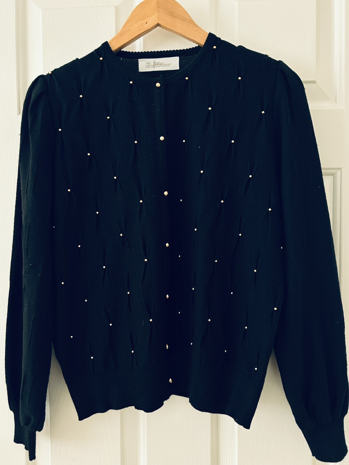 Vintage 1980’s Black Gold Button & Beads Cardigan Padded Shoulders Size Sm EUC