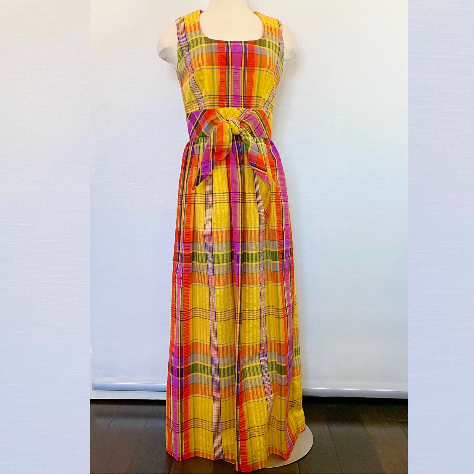Vintage SWIRL Concept 70s Yellow Orange Madras Plaid Maxi Gown Long Column Dress
