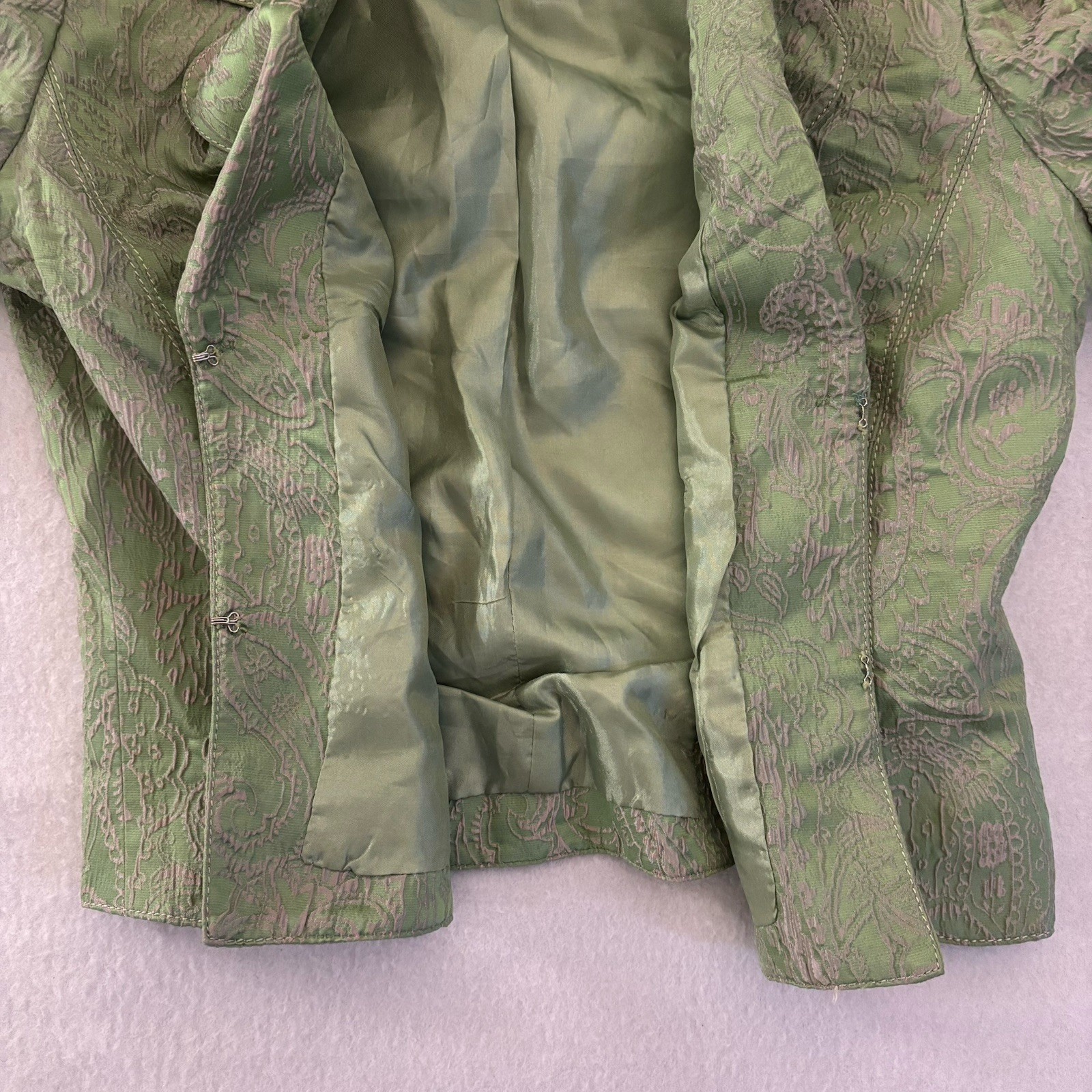 Alberto Makali Blazer Jacket Women’s 8 Paisley Green White 2 Buttons Short Silk