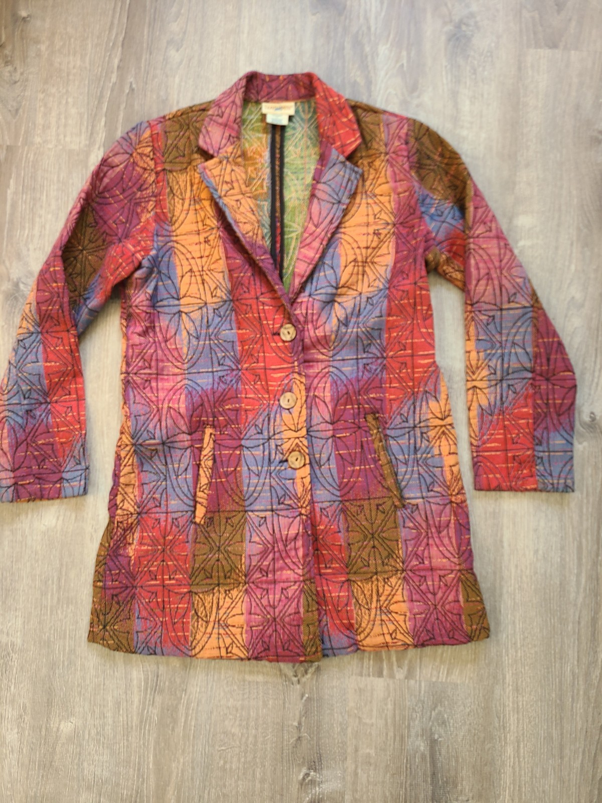 VTG Travel Smith Women M Long Tapestry Jacket Button Floral Hippie Boho Western