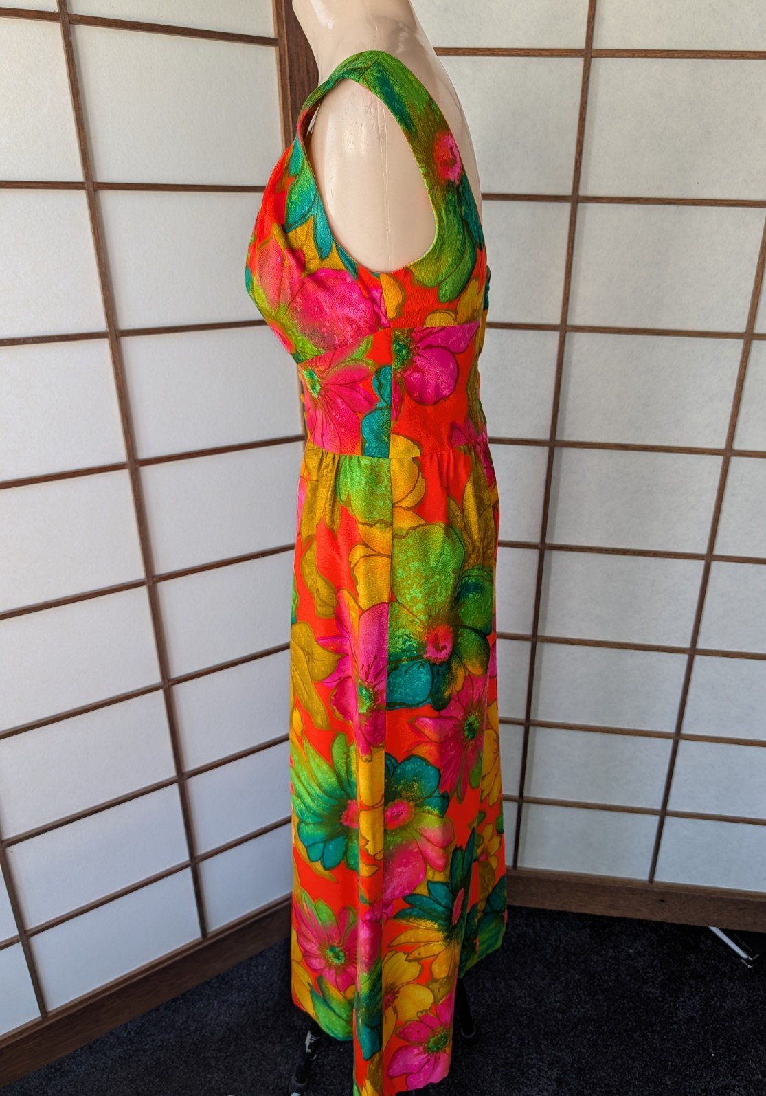 Vtg McInerny By Sydney Hawaiian Dress MuuMuu Maxi Midi Barkcloth Sz XS Day Glo
