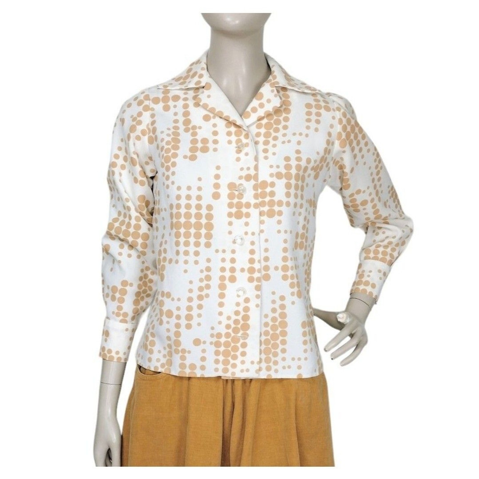 Vintage White Tan Polka Dot 60’s 70’s Button-Down Shirt Size XS/S/M