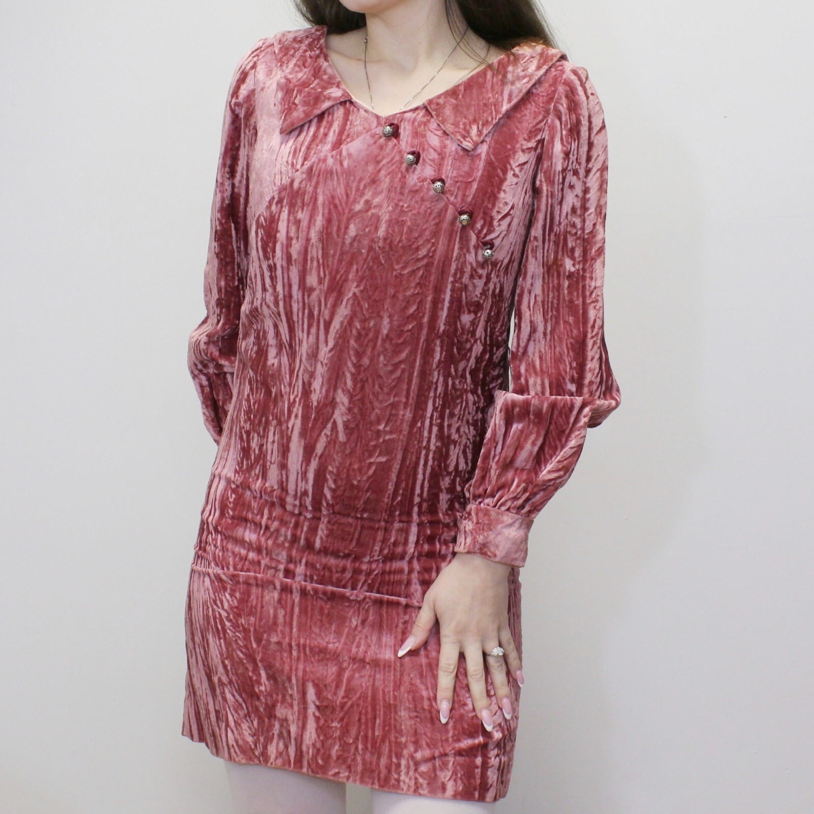 Vintage 60s Pink Crushed Velvet Mod Babydoll Mini Dress from Petites by Suzy
