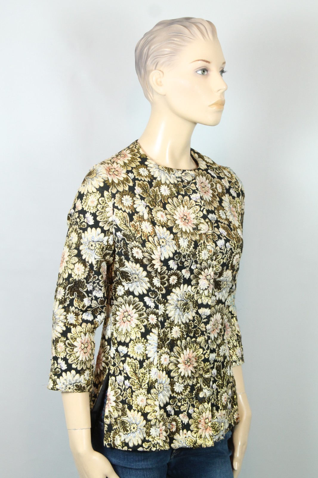 Vtg REVILLON BOUTIQUE PARIS Gold Multi-Color Floral Tailored Jacket Blazer XS/S