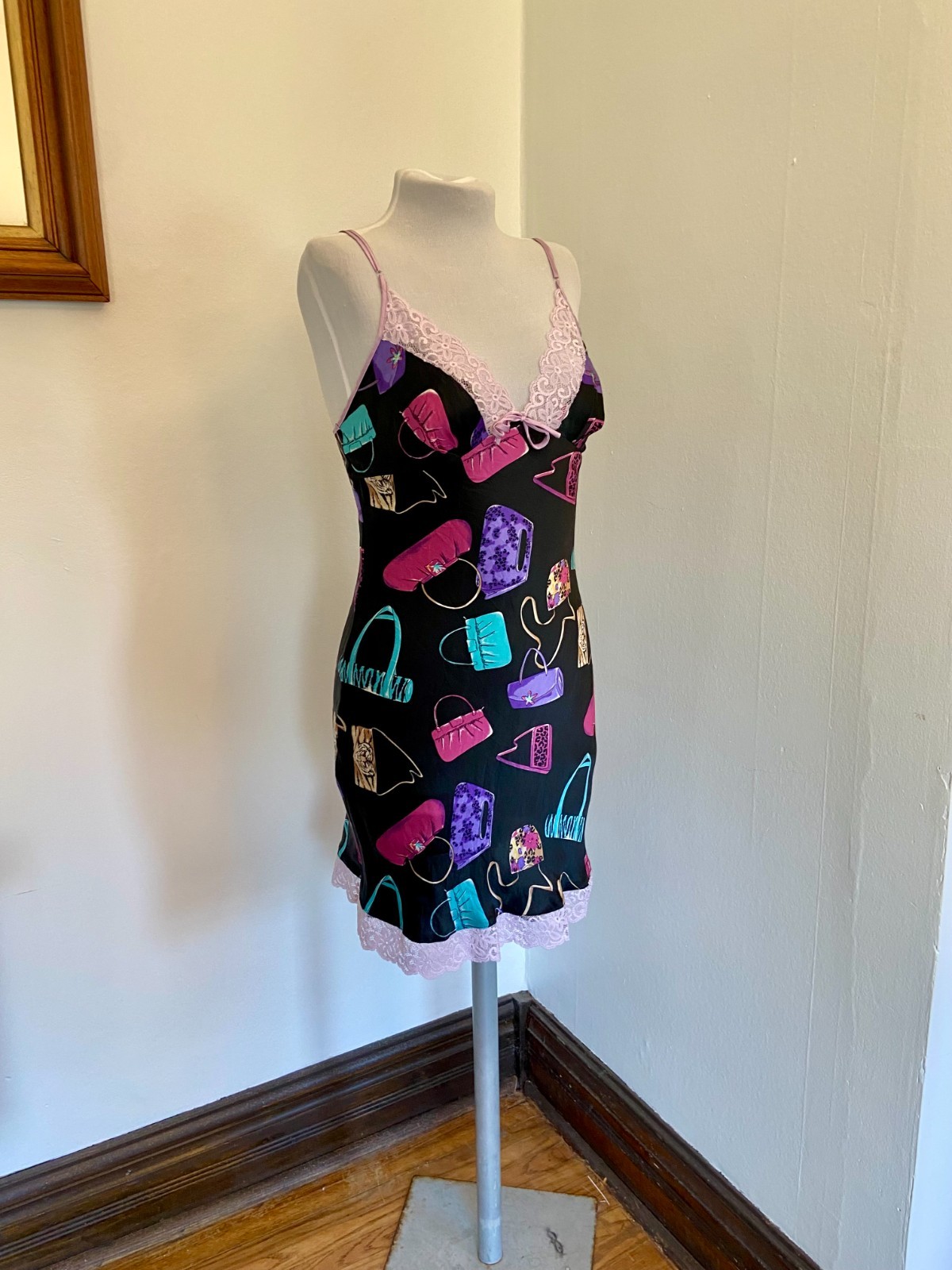 VTG Nicole Miller 2000 100% Silk Slip Dress Bag Purse Print Animal Lace RARE Pur