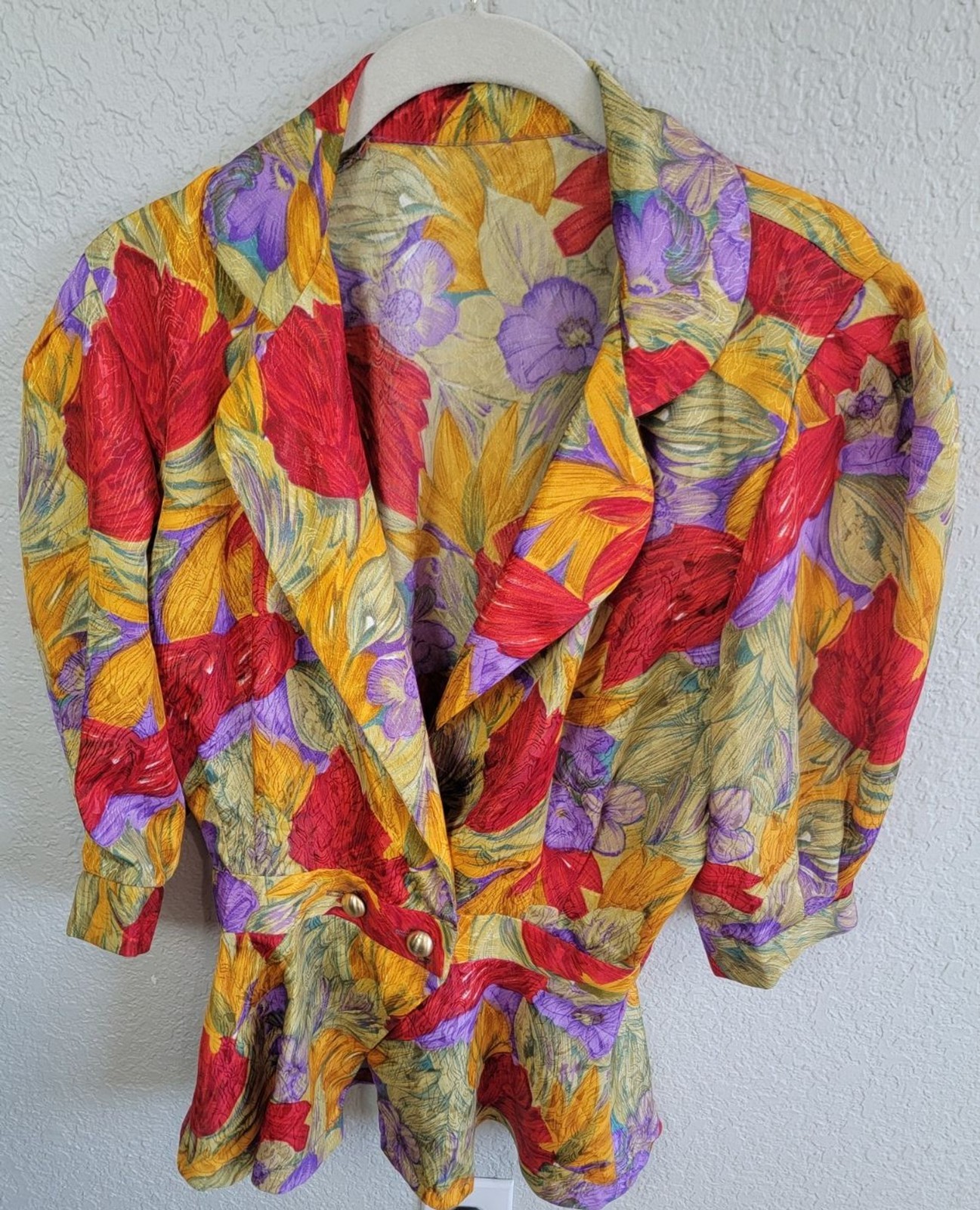 Vintage 80s 90s Floral Peplum Blouse Jacket Bold Abstract Print Gold Button Top