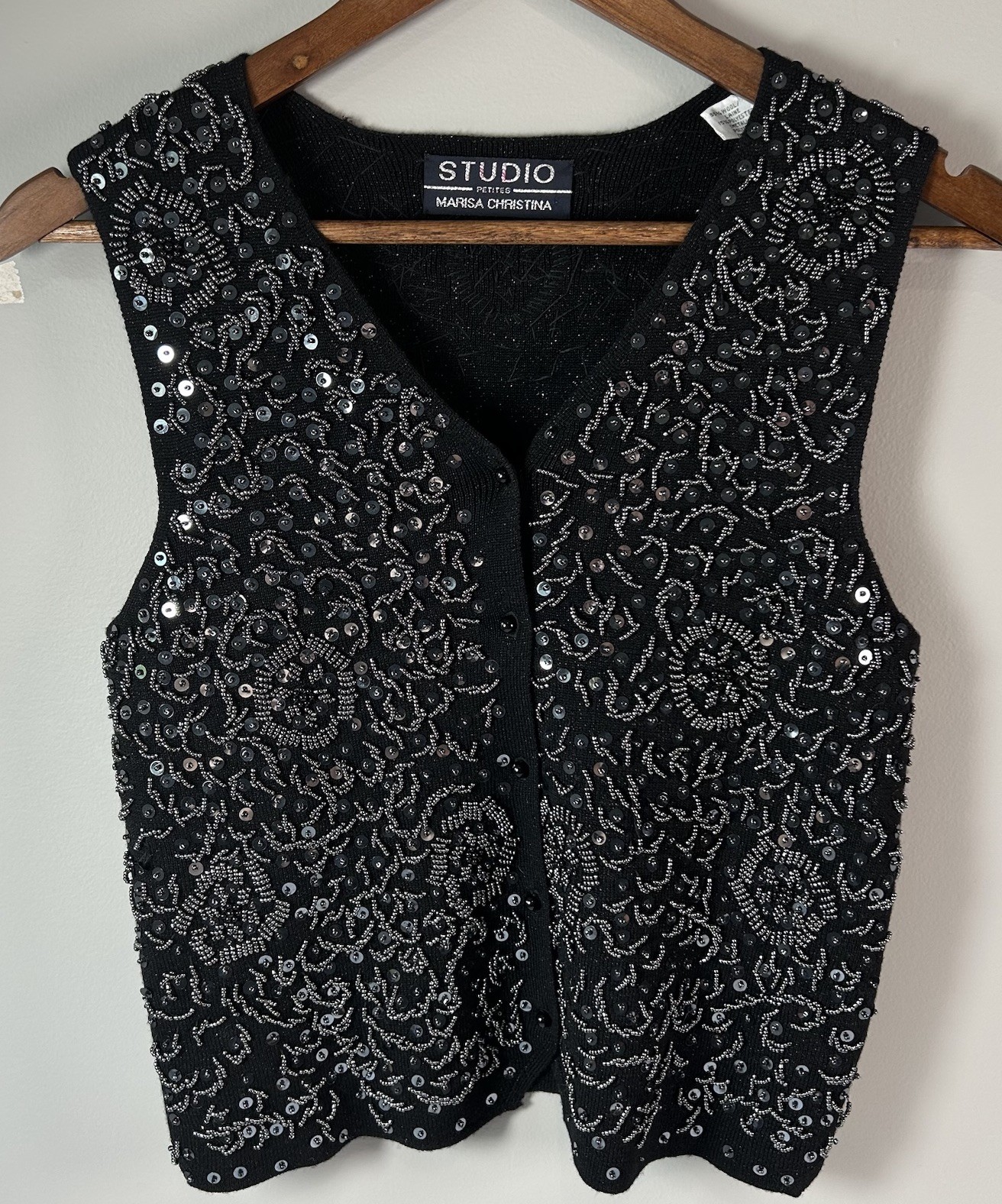 Art To Wear Vintage Knit Beaded Sequin Embellished Black Vest Women’s Size PS