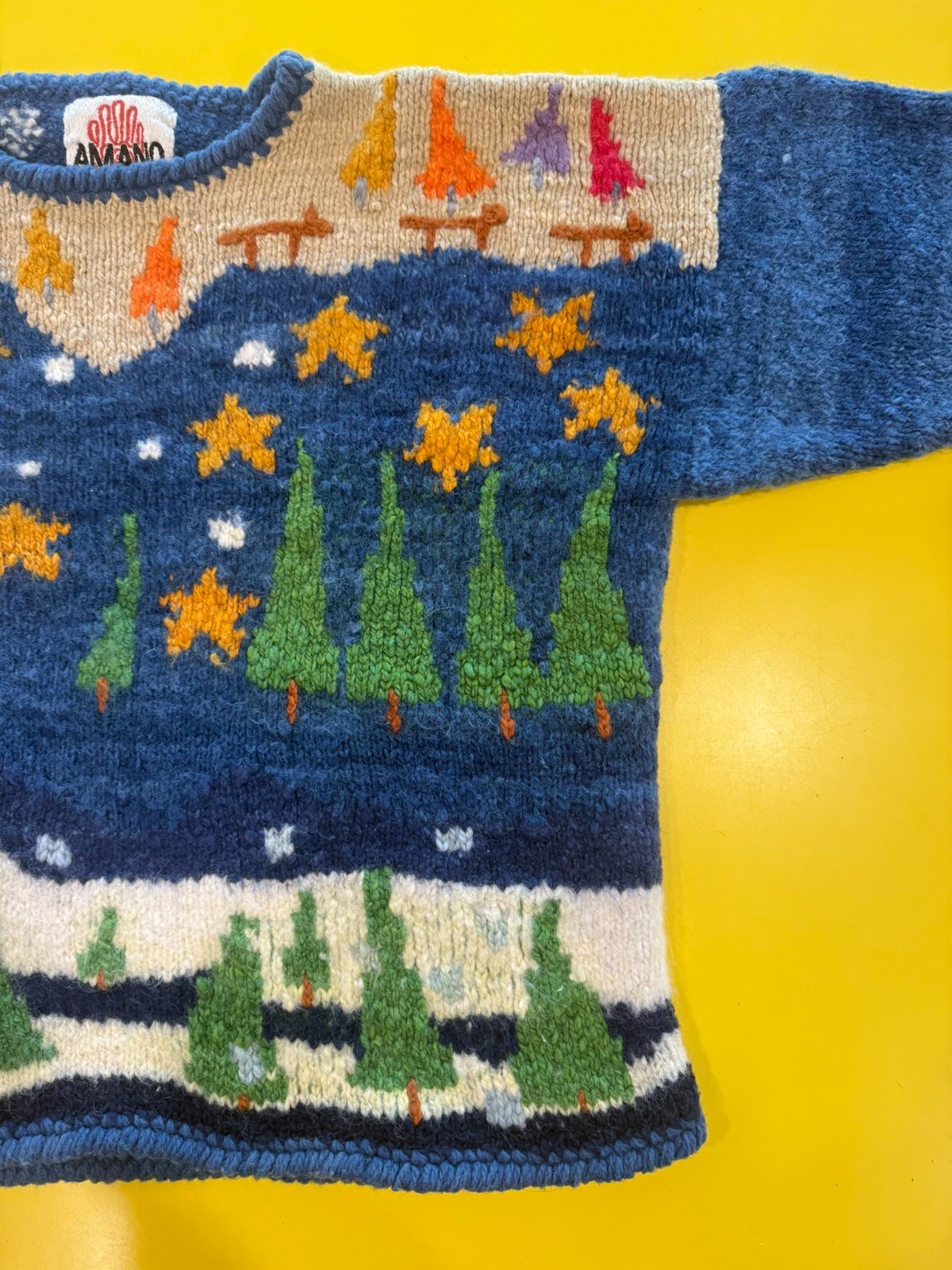 Vtg Amano Bolivian Wool Hand Knit Sweater Christmas Trees Stars Night Sky Aymara