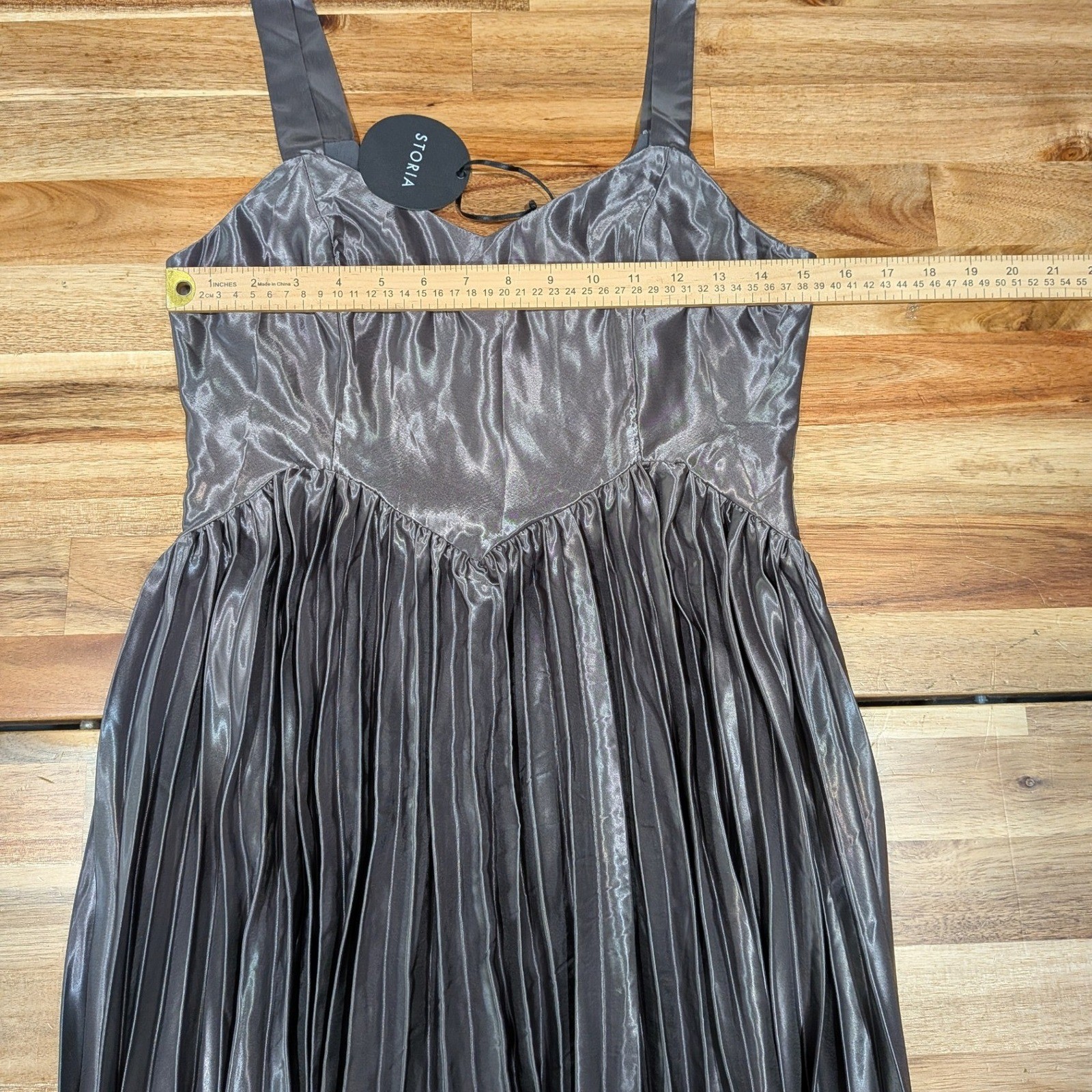 Storia Women Pleated Midi Dress S Pewter Gray Satin Wedding Guest Party Gatsby