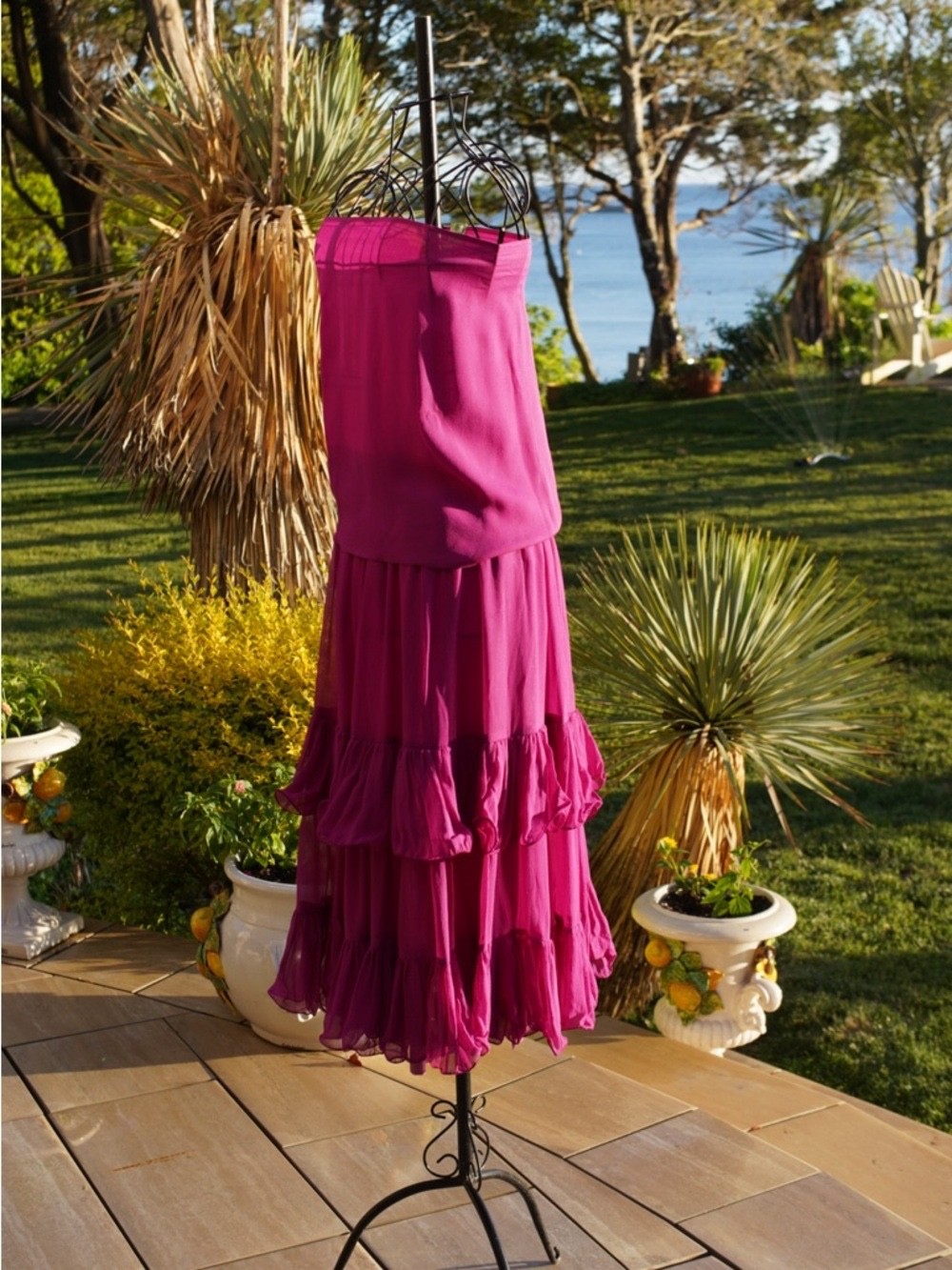 VINTAGE 1980s Pancaldi & B. Italy Silk Tiered Skirt Set – Size 0 (Fuchsia)