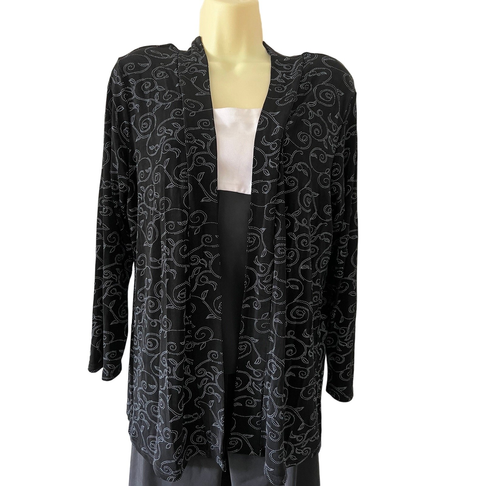 Jostar Vintage Black & White Print Slinky Open Front Jacket Top Size L Travel