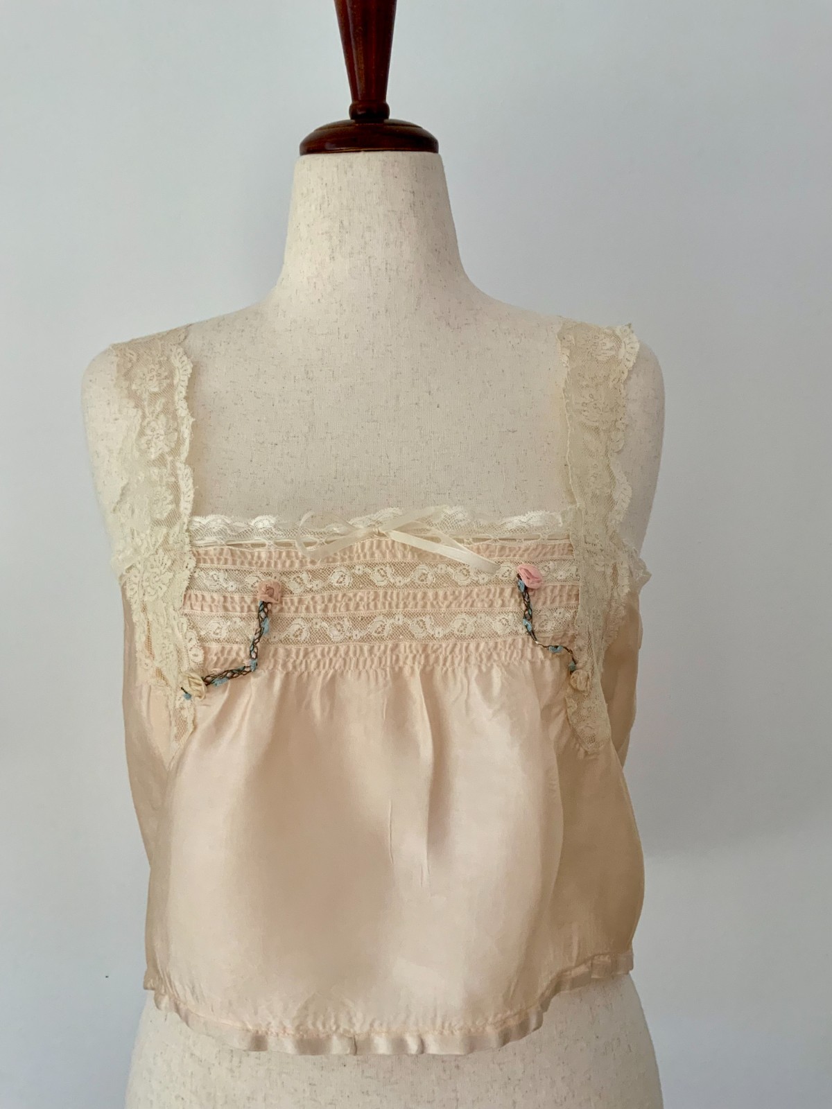 Antique Edwardian Silk Lingerie Camisole with Lace & Rosette Details | 1910s