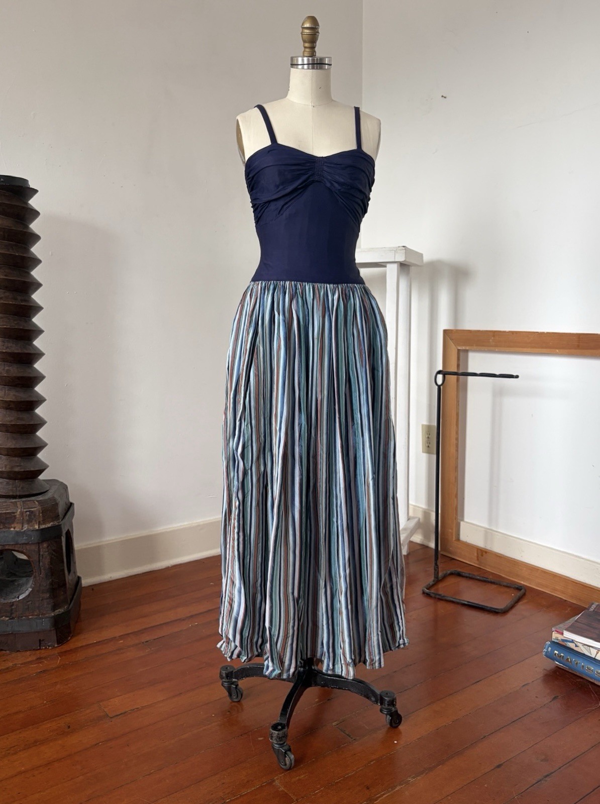 Vintage 40s Rayon Maxi Dress Ruched Bodice Colorful Striped Full Sweep Skirt XXS