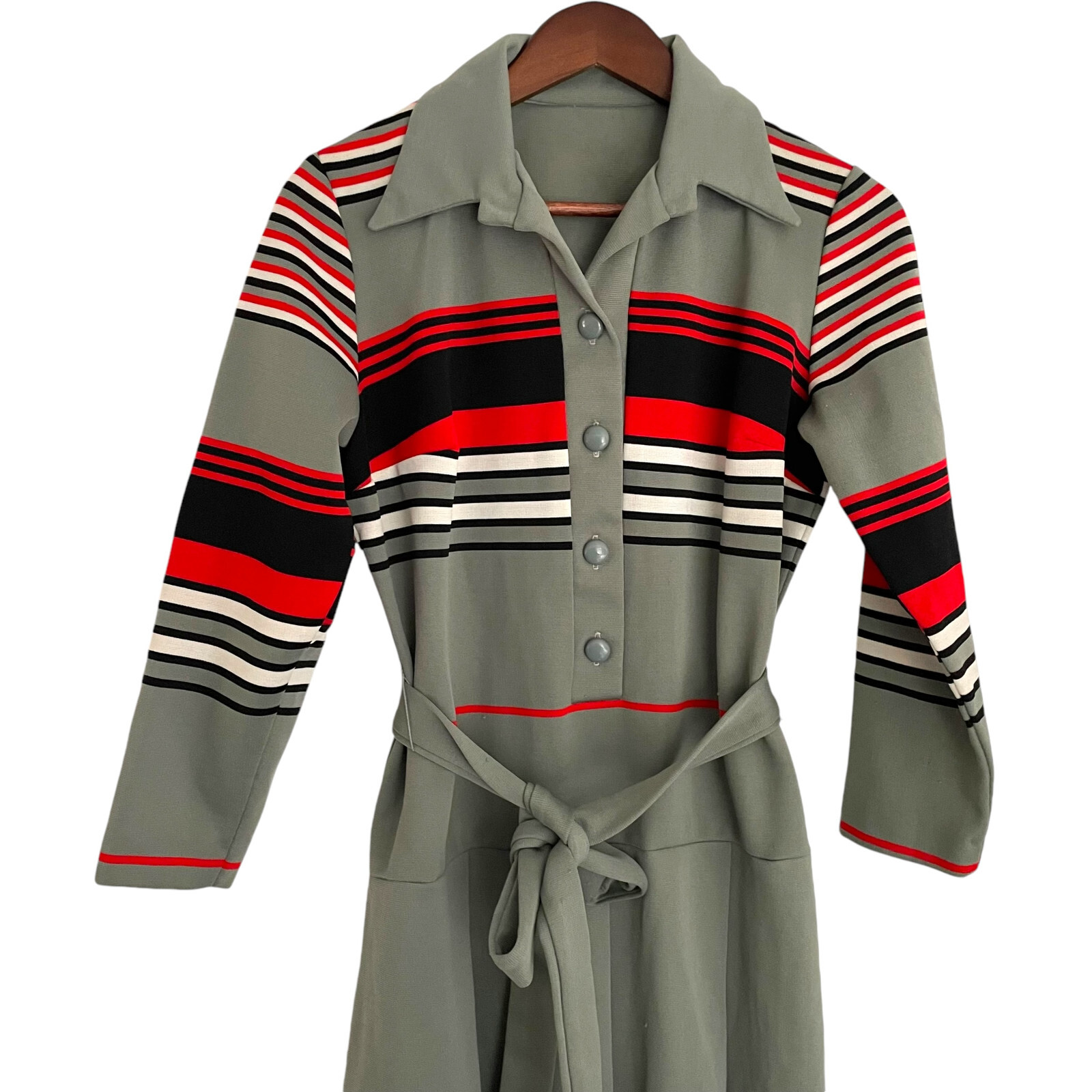 Vintage 70s A Line Shirt Dress S Belted Tie Front Gray Red Striped Long Sleeve