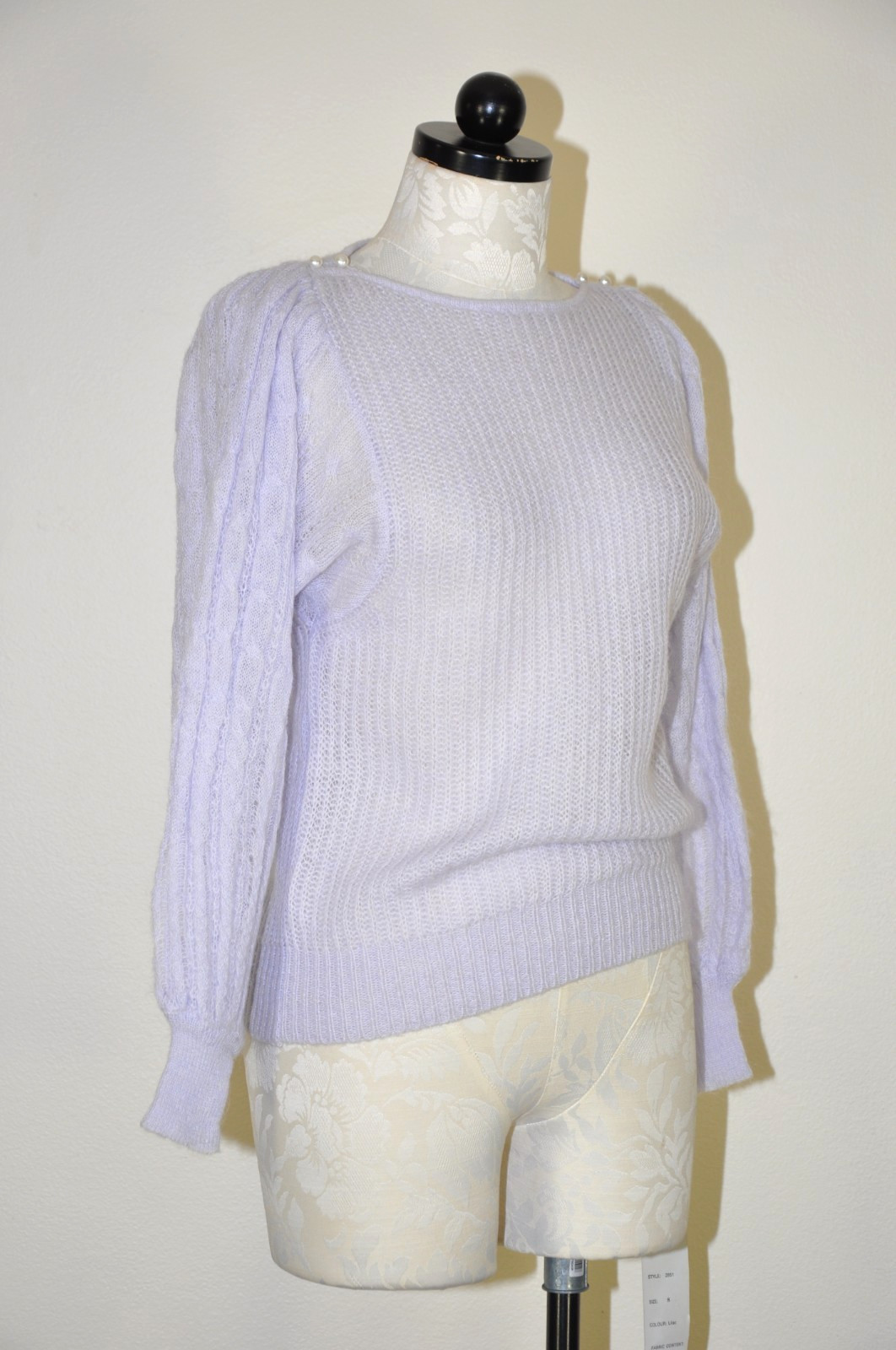 70s VTG Lavender Purple Mohair Puff Sleeve Pearl Buttons Knit Sweater Women XS