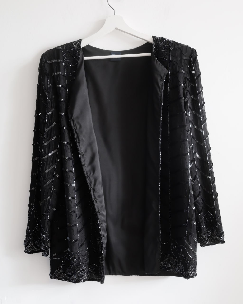 Vintage 100% Silk Beaded Sequin Black Evening Jacket C&A Your Sixth Sense XL