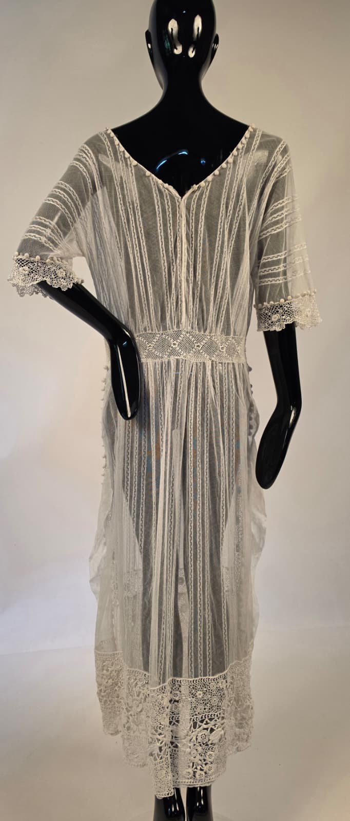 EDWARDIAN TEENS WHITE NET DRESS W HAND MADE IRISH CROCHET LACE + SIDE RUFFLES