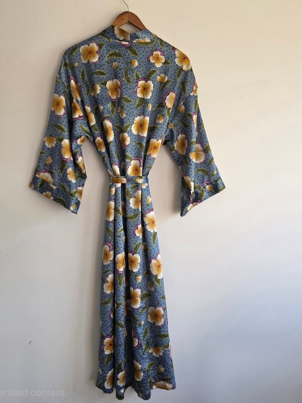 Vintage Dentelle 90s USA Floral Satin Wrap Robe Blue Pockets Tie Wrap Long Silky