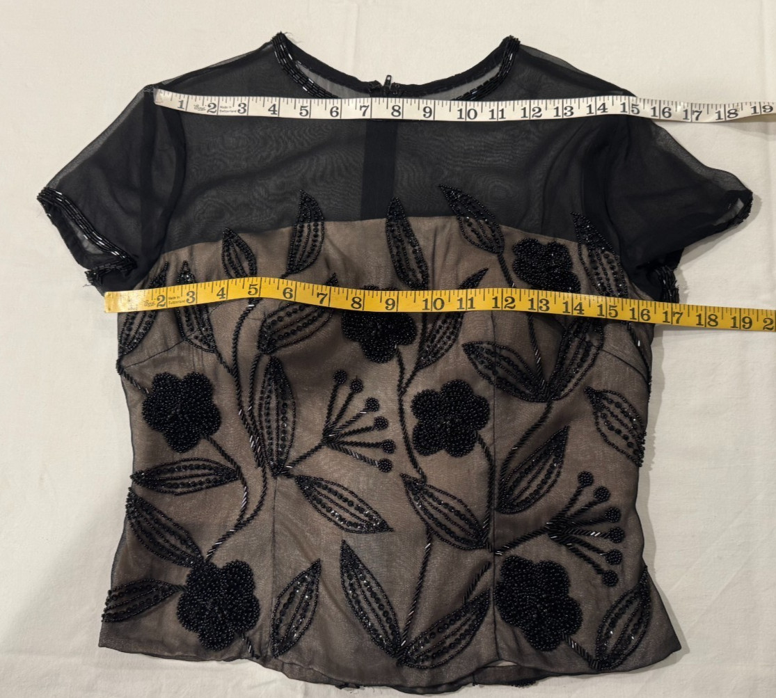 Vtg Adrianna Papell Evening Beaded Silk Top Black Illusion Sheer Nude Lace 6P