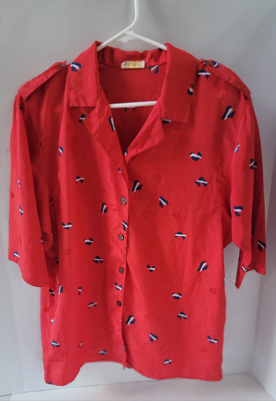 Vtg Womens Shirt by Jones New York Sz L Red / Shoulder Pads Navy Blue / white