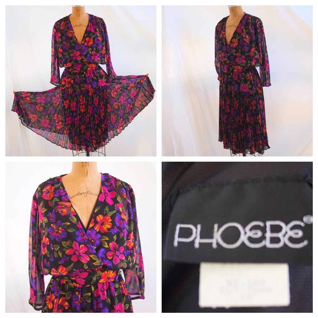 Vintage 80s PHOEBE Floral Pleated Elastic Waist Belted Dress Secretary USA 10