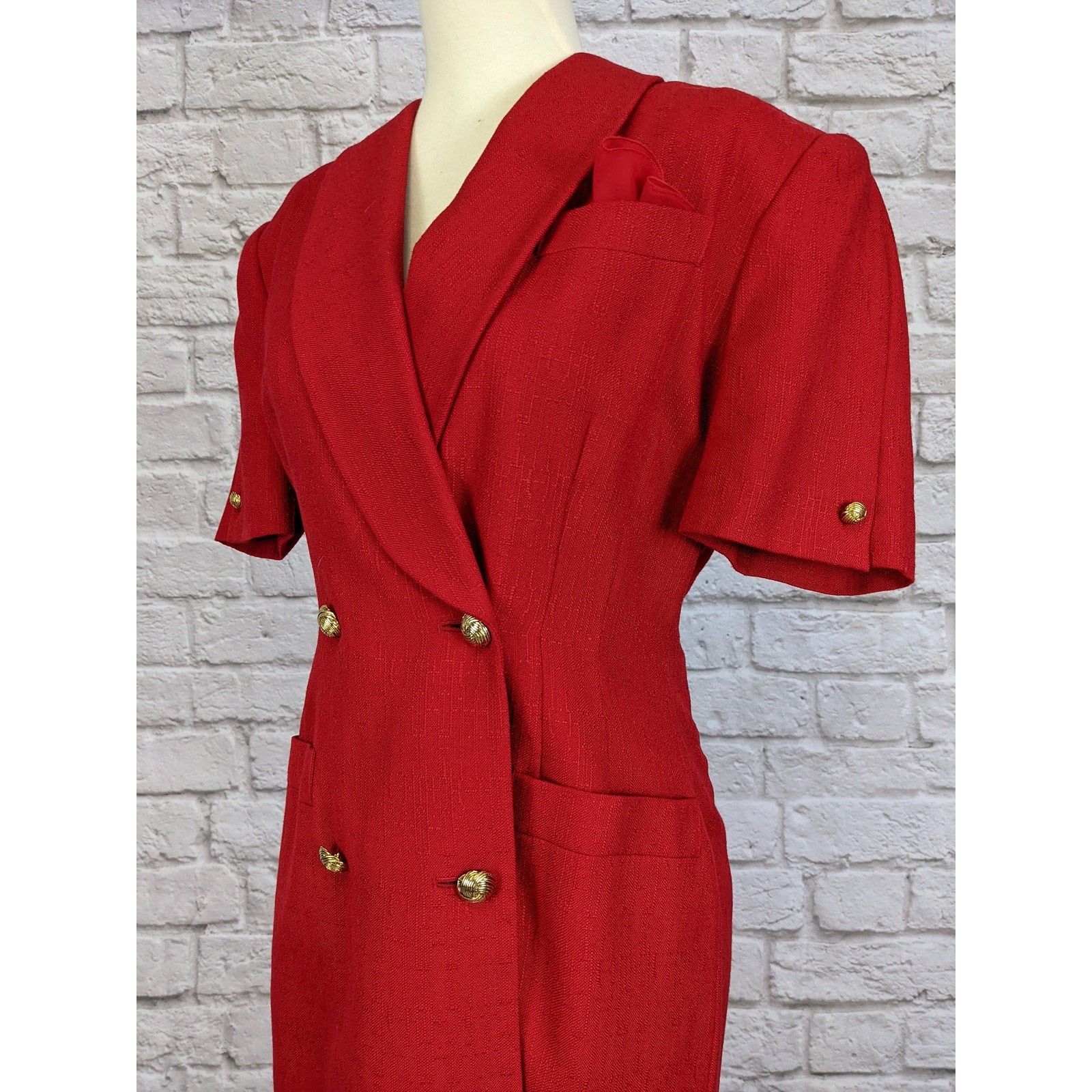 Vintage 80’s Sheath Dress – Red Double Breasted Button Front Size 6 Petite
