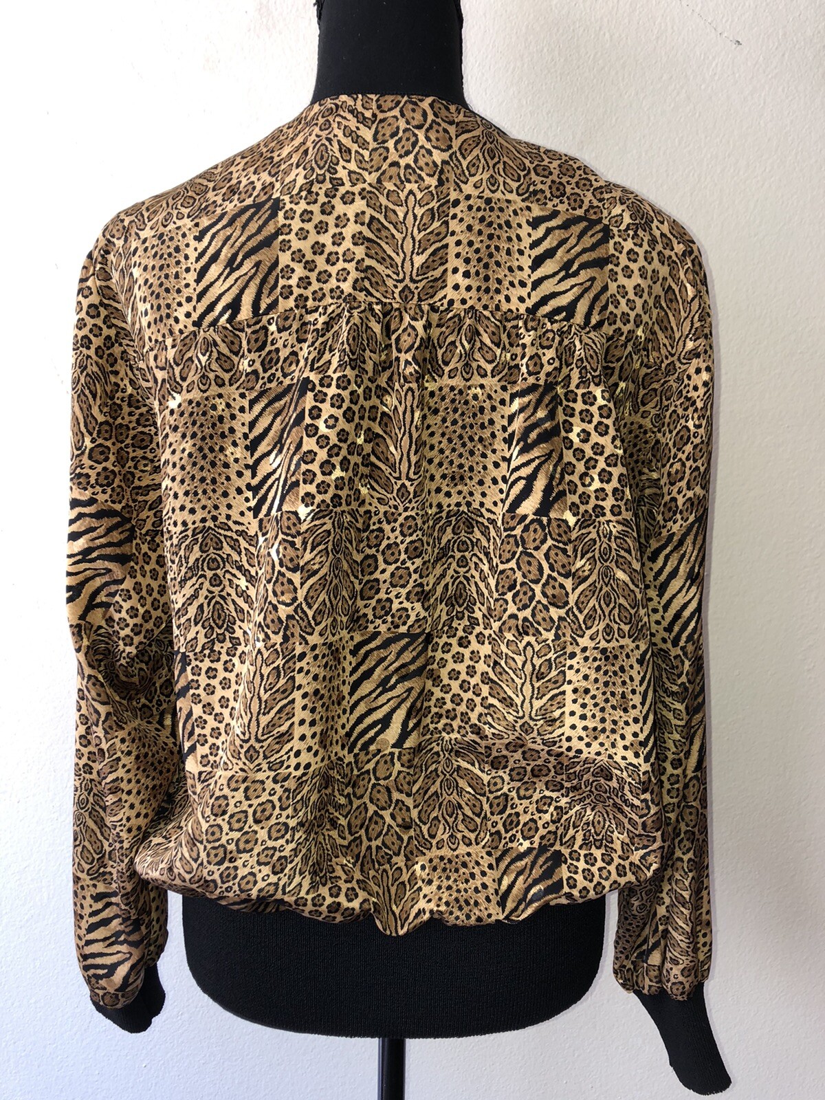 Vintage ’80s/’90s Leopard Animal Print Silky Blouson Blouse Banded Waist Large