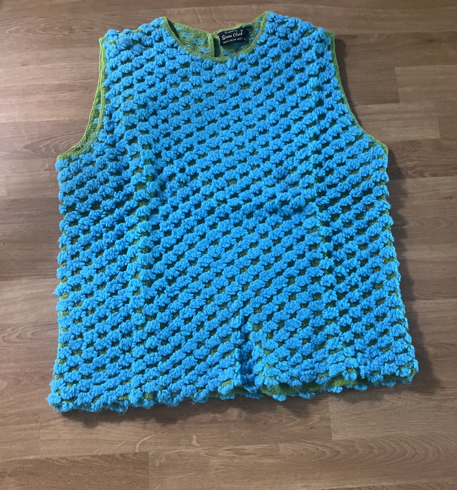 Vintage 70s Crochet Knit Tank Top Vest Turquoise Blue Green Popcorn Stitch