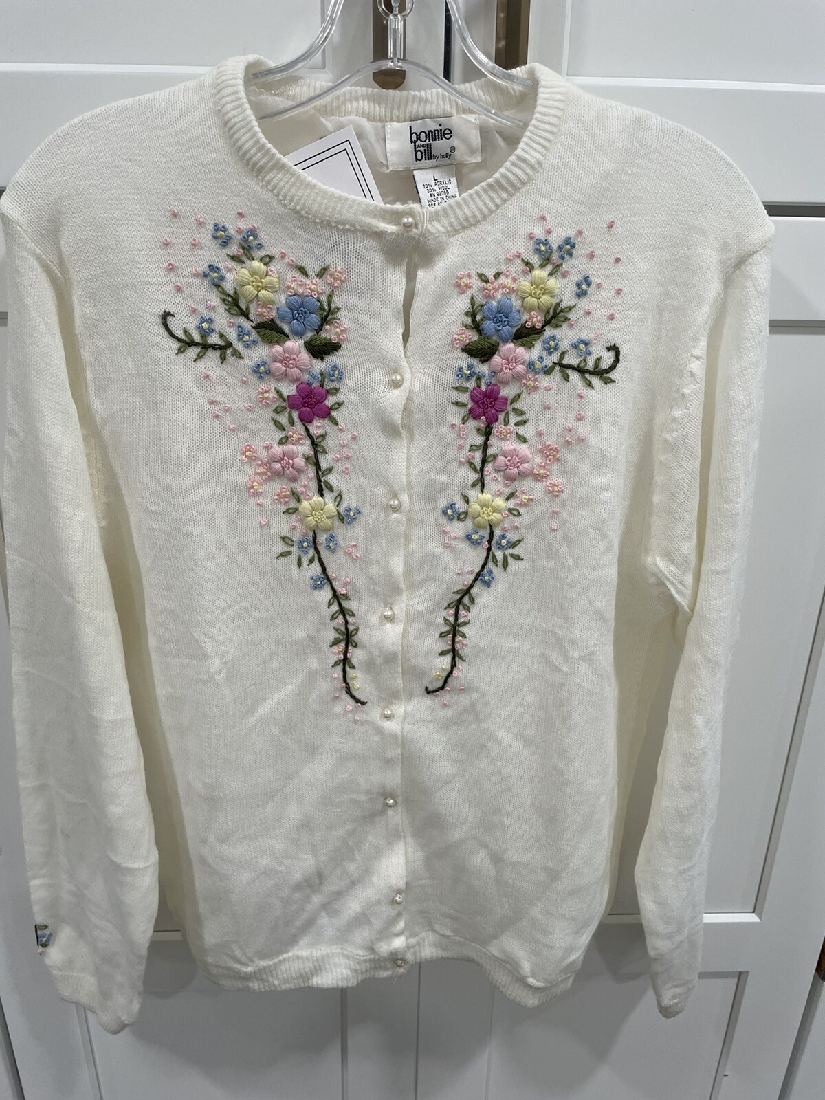 VTG BONNIE AND BILL BY HOLLY WOOL BLEND EMBROIDERED CARDIGAN L AK97