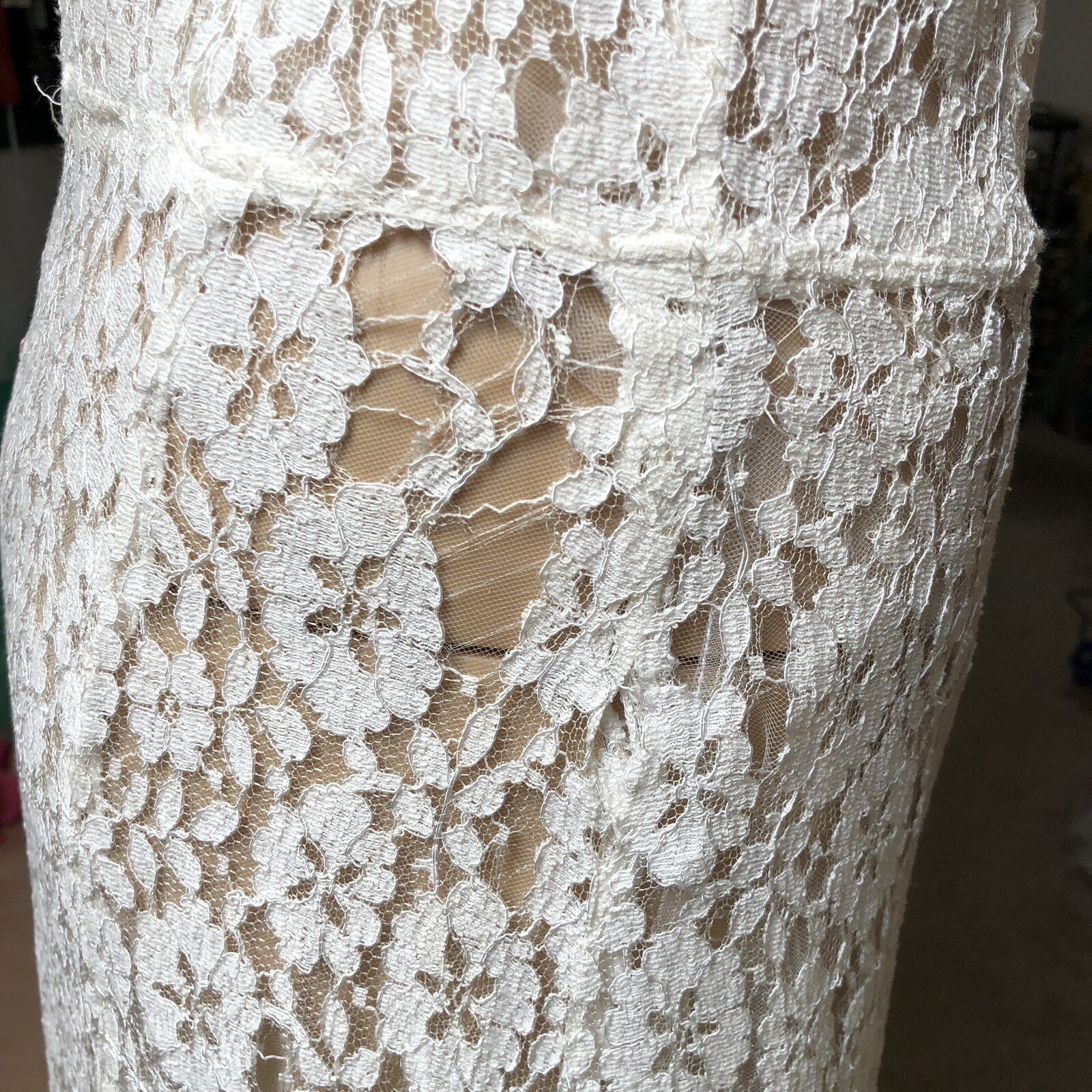 Vintage 30s White Lace Nightgown Gown Dress Sheer Sleeveless Lingerie Repair