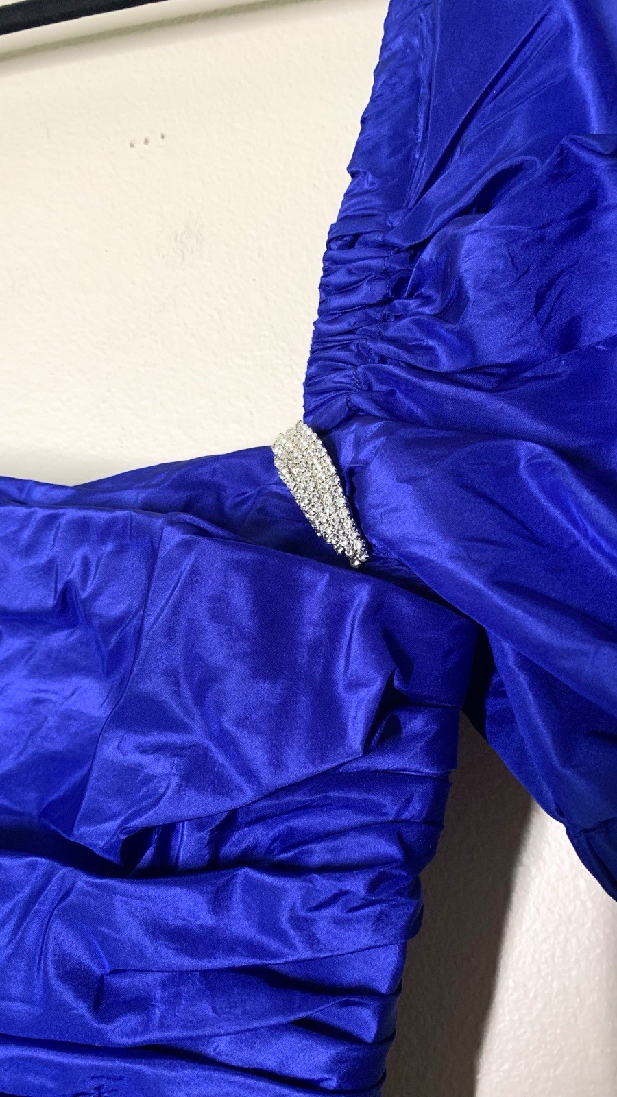 Carolyne Roehm Vintage 80s Blue Gown Evening Dress Ruched Puff Sleeve Rhinestone