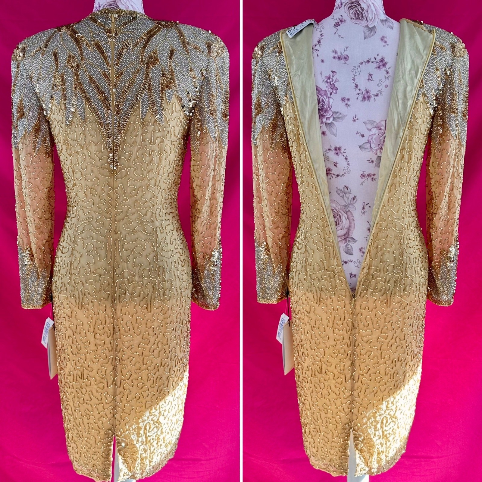 NWT Beaded Sequin Rhinestone Silk Gold Party Midi Dress Oleg Cassini Size 6 NYE