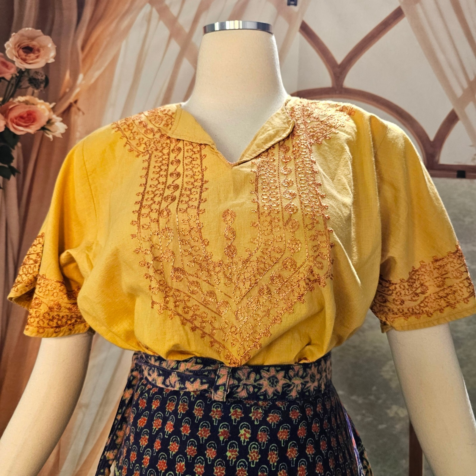Vintage 1970s Blouse Top Shirt Mustard Yellow Embroidered India Short Sleeve