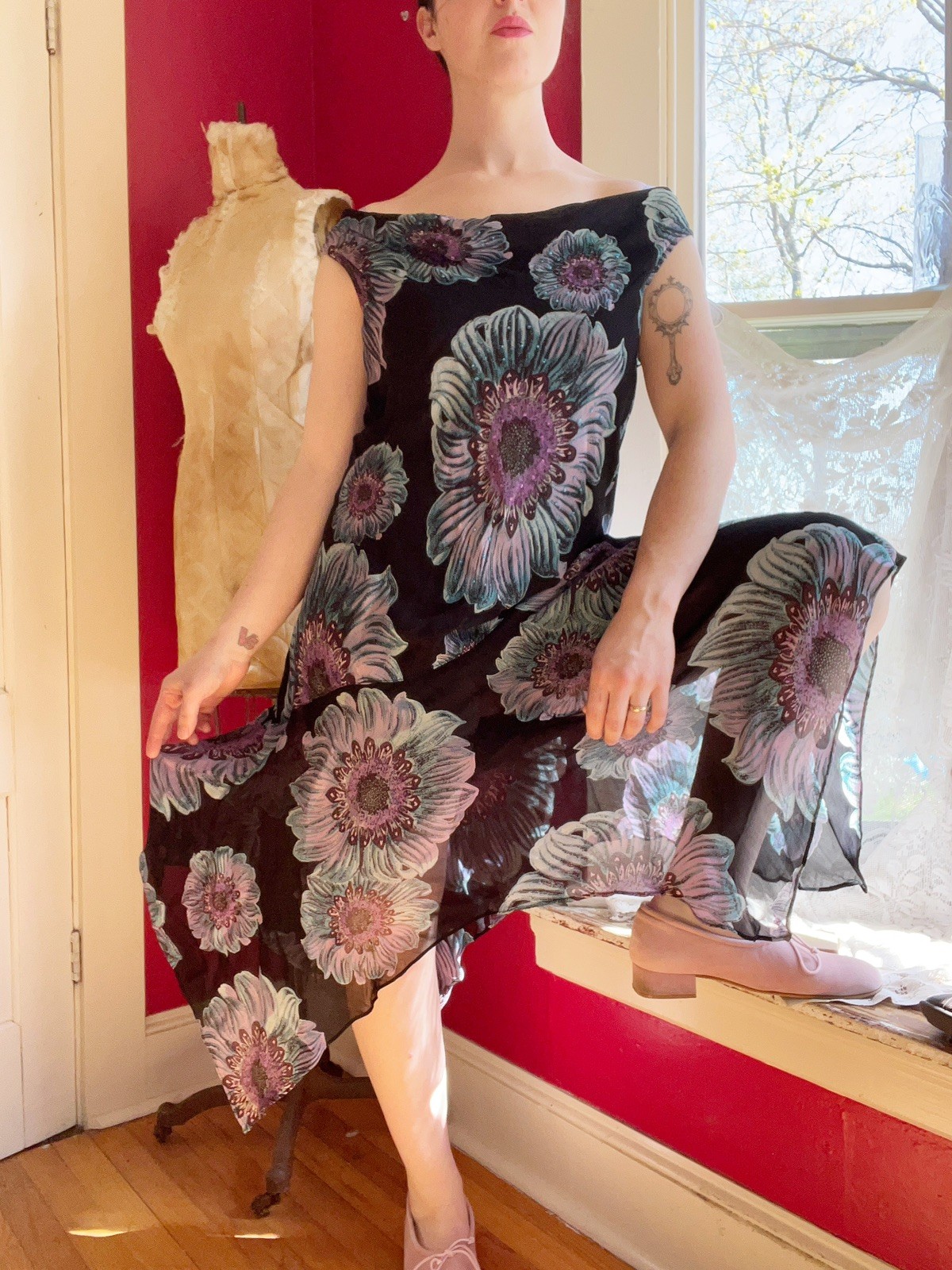 Vintage 1990s Black Chiffon Blue Purple Floral Print Grunge Cowl Neck Dress L