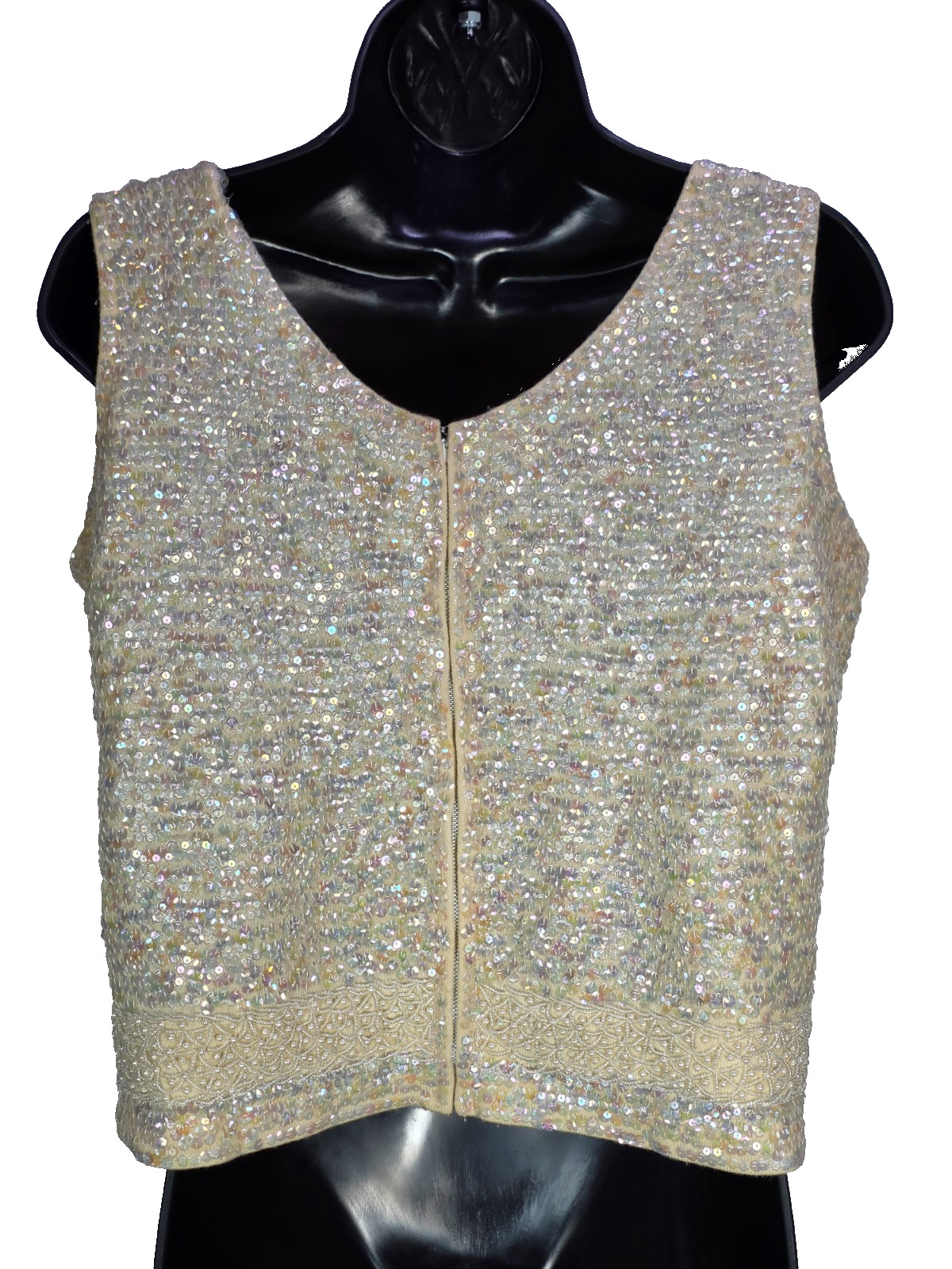 Vintage 50s – Butter Cream / 100% Wool Beaded Sequin Sleeveless Top Size Small