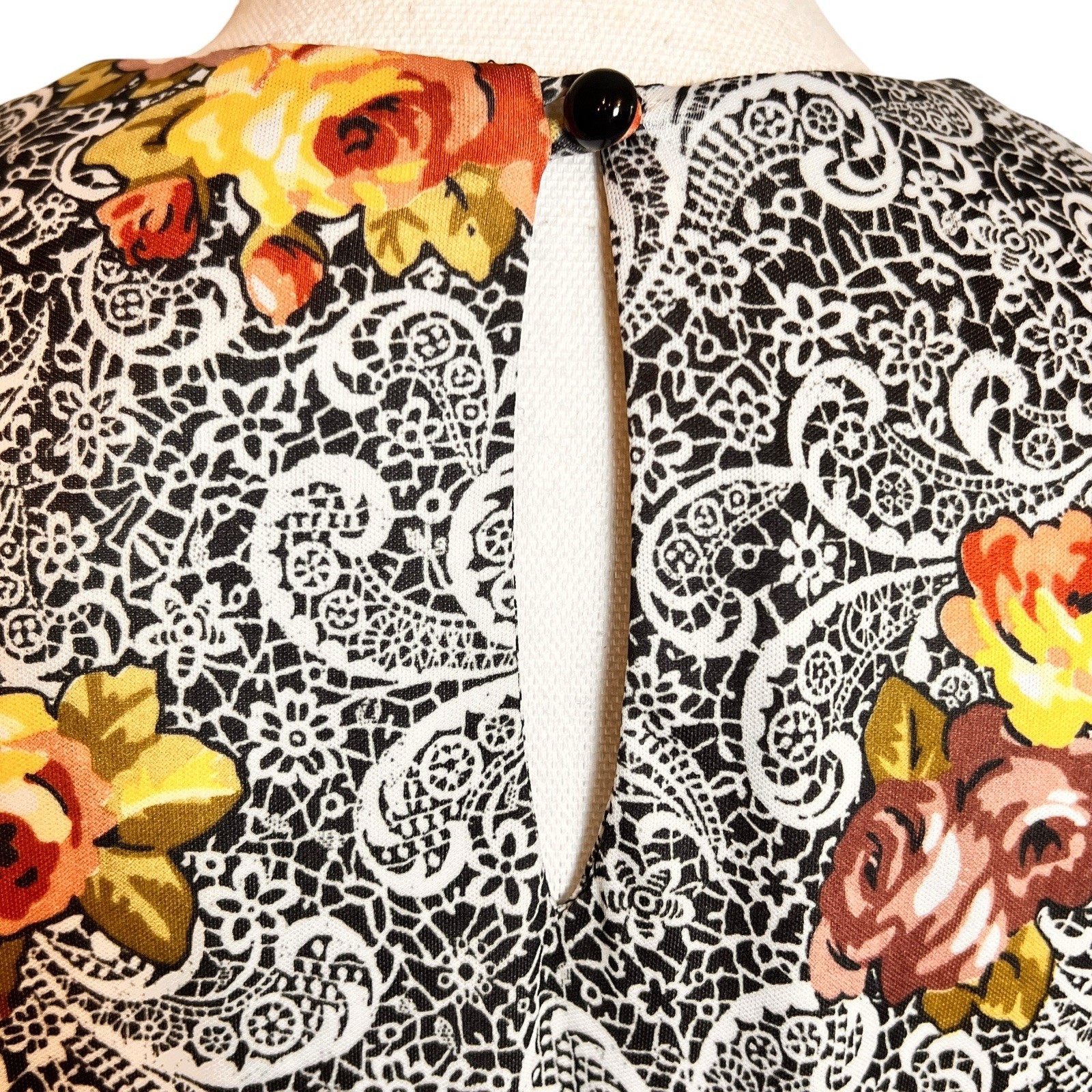 Vintage Jenny Floral Paisley Print Peplum Midi Dress Black Medium Made USA 90s