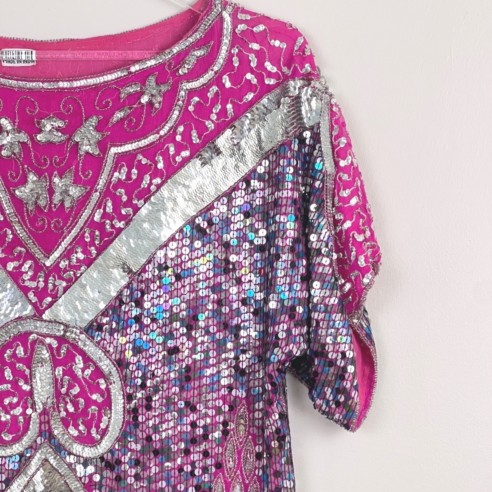 Vintage Sequin Top Women Medium Pink Silver Beaded Silk 80s Glam Disco Party
