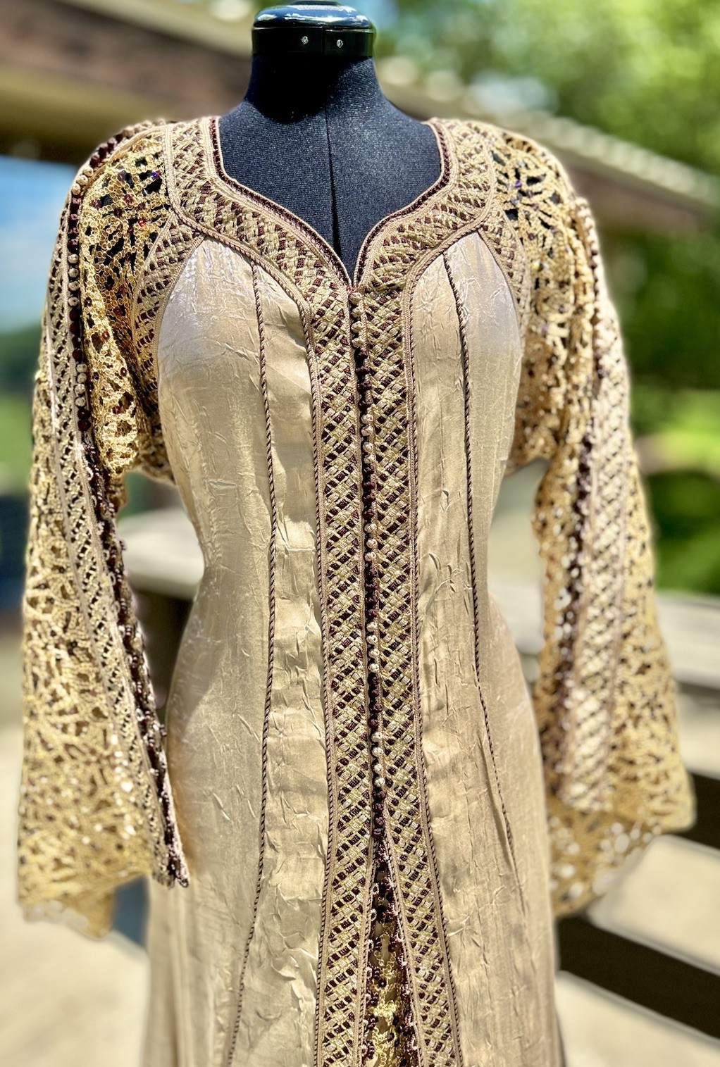Vtg Moroccan Crepe Silk Kaftan Dress Large Gold Embroidery Sequins Handmade
