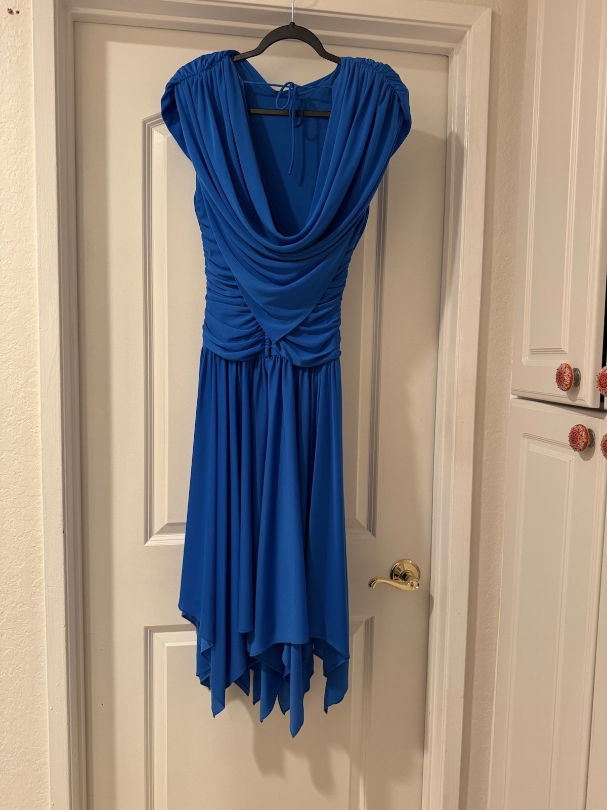Casadei 1980s Blue Asymmetrical Hem Ruched Original Women’s Vintage Dress Size 6