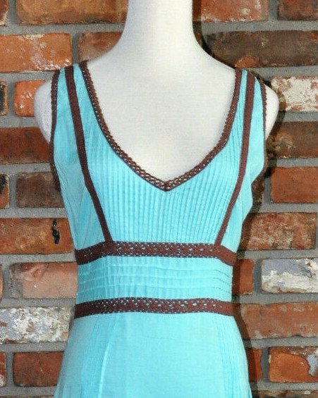 Vintage An Indian Summer Ruffle Blue Cotton Pintuck Prairie Boho LONG Maxi DRESS